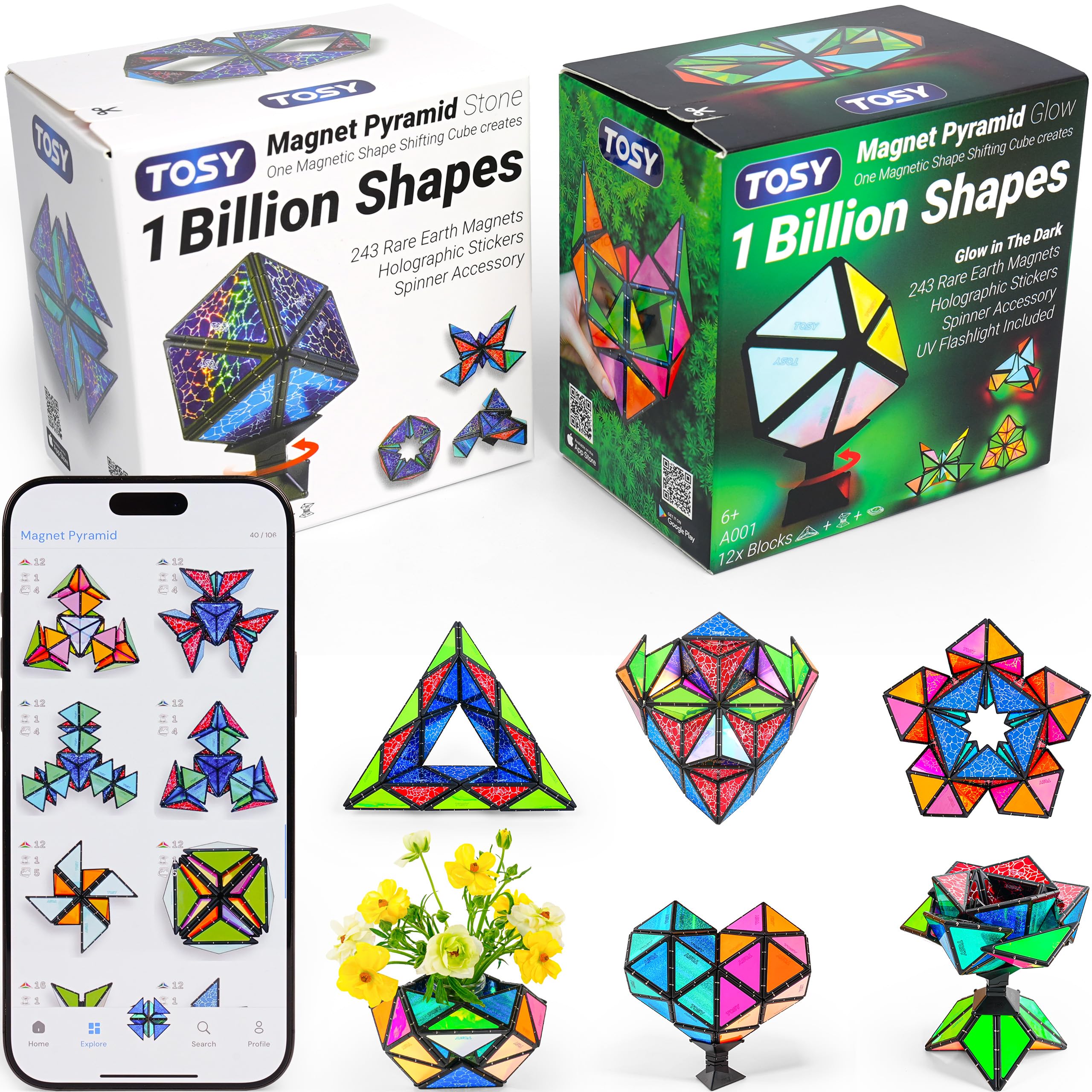 Pirámide magnética – 1 cubo se transforma en mil millones de formas, 12 piezas, 243 imanes de tierras raras, brillantes y holográficos, rompecabezas creativo STEM/STEAM, juego mixto