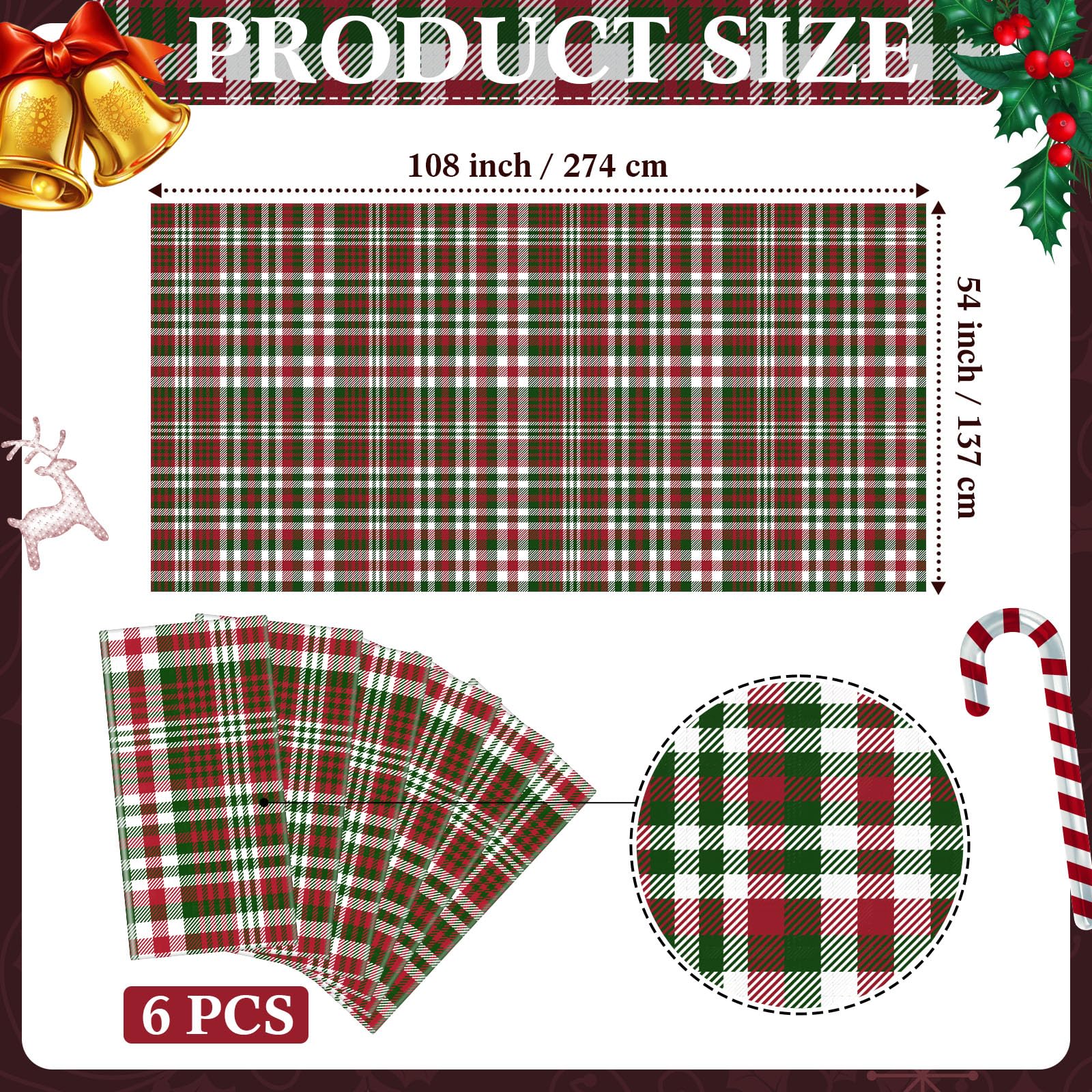 Panelee Mantel de plástico a cuadros de búfalo de Navidad de 54 x 108 pulgadas, decoración de mesa rectangular de Navidad, suministros de decoración de boda (fresco, 6 piezas)