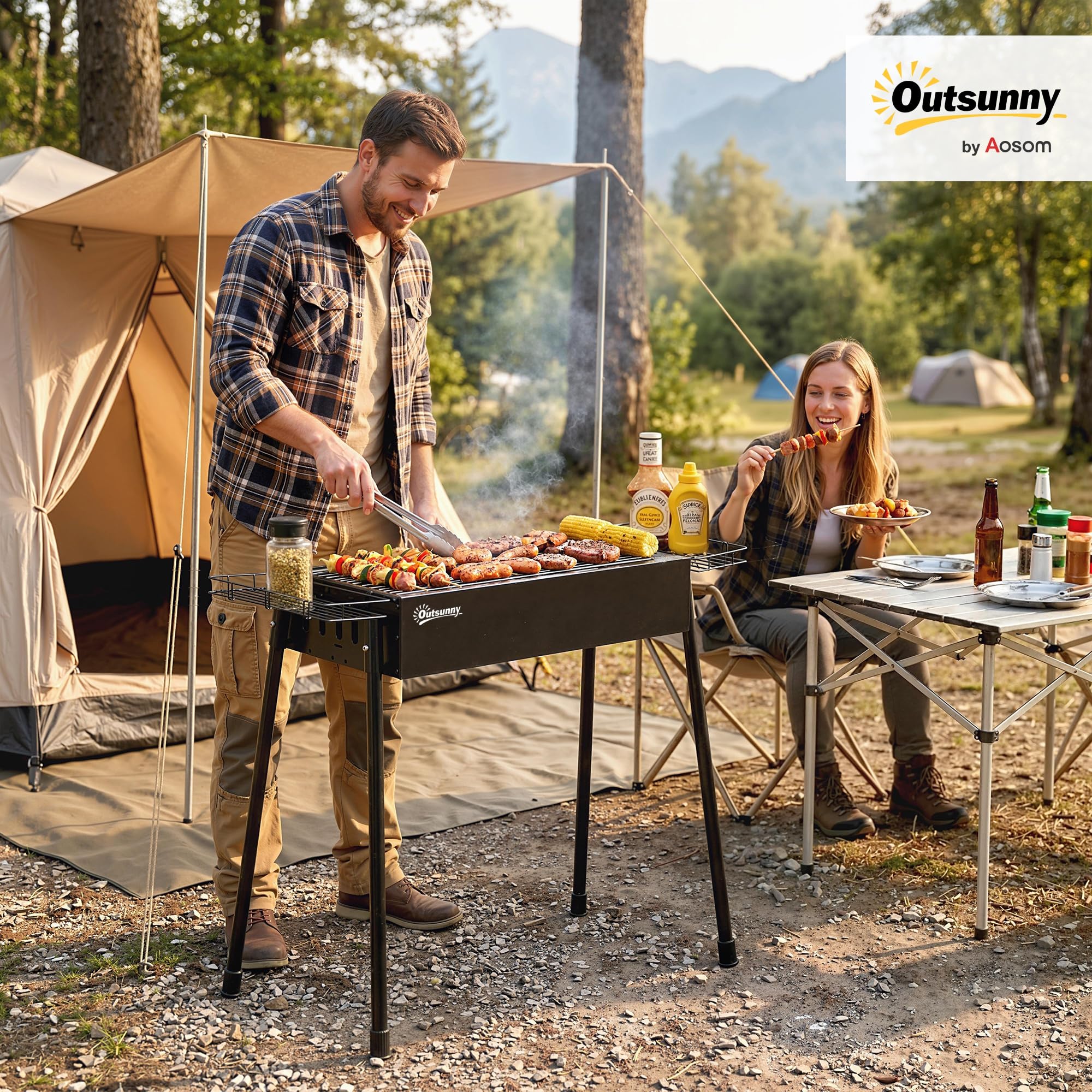 Outsunny tragbarer Holzkohlegrill mit Gewürzkörben und Haken, kompakter Edelstahlkocher für Camping, Picknick, Wandern, Gartenparty, Festival | Gewürzkörbe, kompakter Edelstahlkocher, Camping, Picknick, Wandern, Gartenparty, Festival
