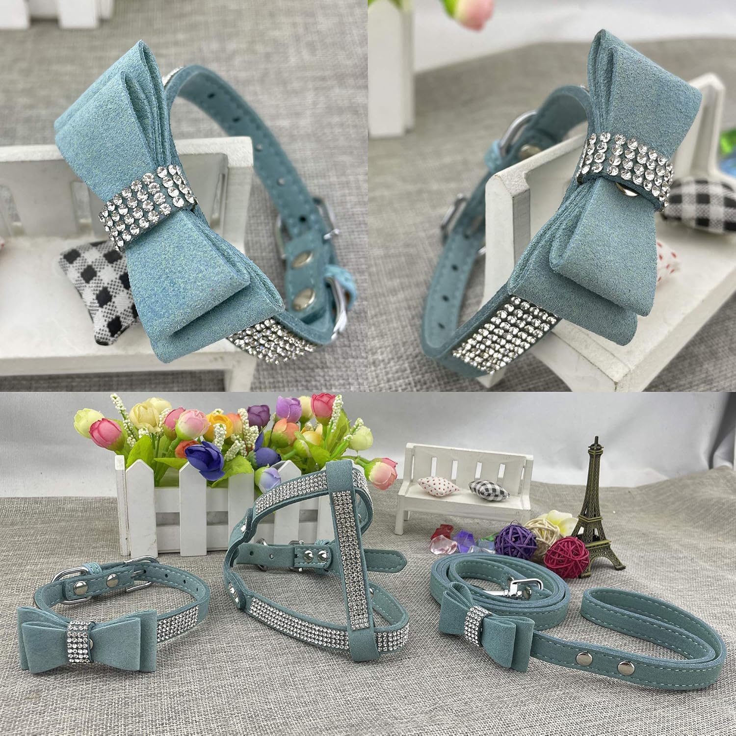 Bowtie Dog Collar & Harness & Lead Sets Comfortable Soft Puppy Collar Diamante with Harness and Leashes Set for Dog - Blue - M