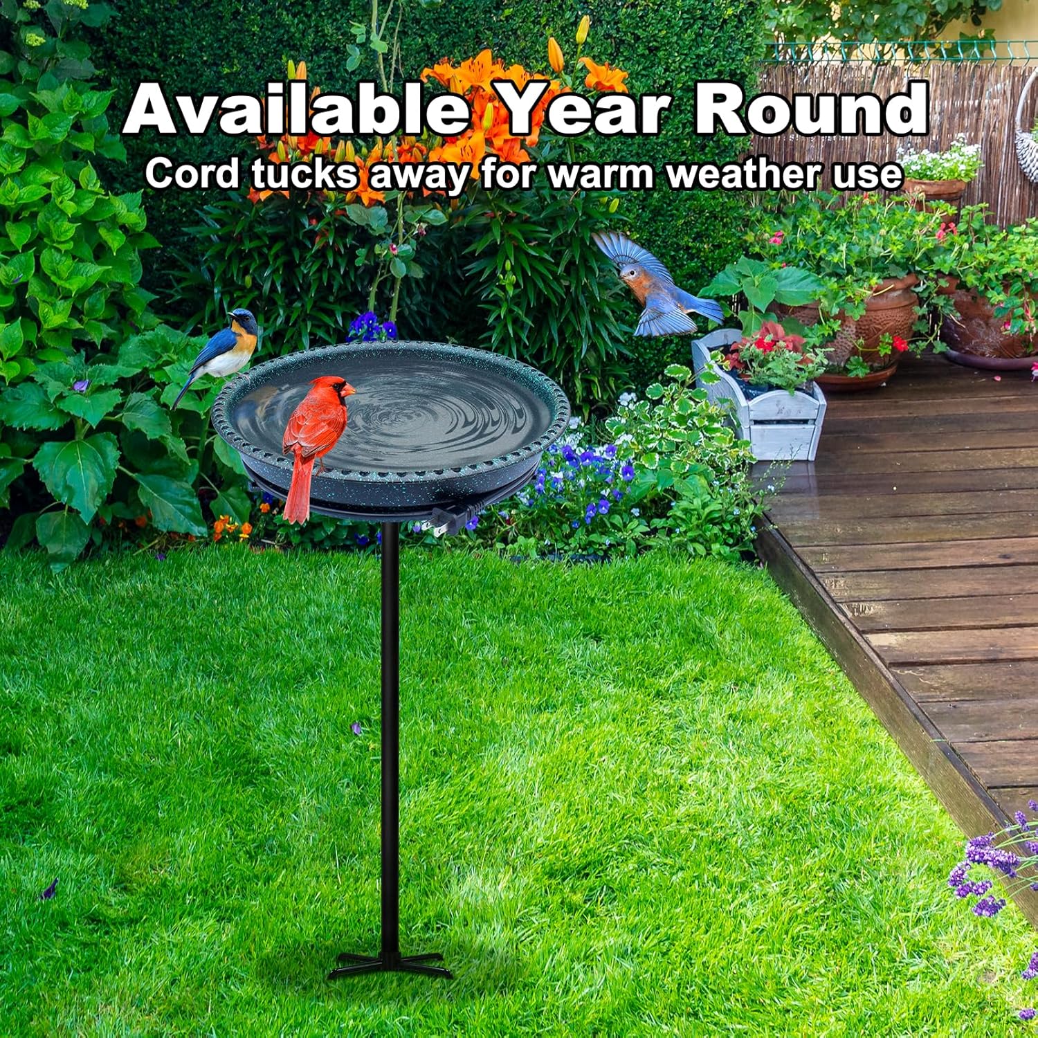 BIRD WISH Heated Bird Bath, Stable 5-Prong Metal Base Thermostat Control Weather Resistance All Seasons Available 75W Heated Bird Baths for Outdoors for Winter Garden Yard Patio Lawn, Spotted Green