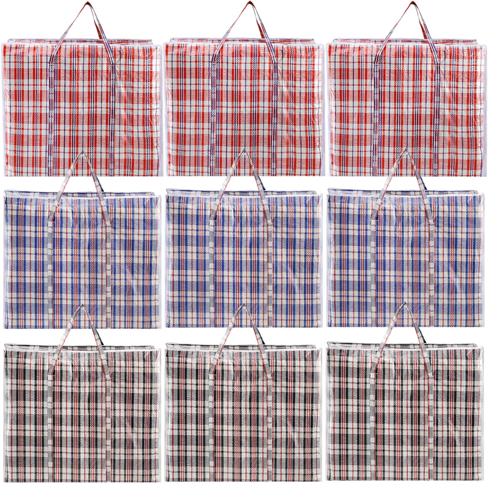 Hiceeden 9 Pack 108L Checkered Moving Storage Bags, Extra Large Travel Plaid Bag Alternative to Moving Boxes, Dorm Laundry Tote Organizer with Zipper and Handle for Clothes, Bedding, Red/Blue/Black