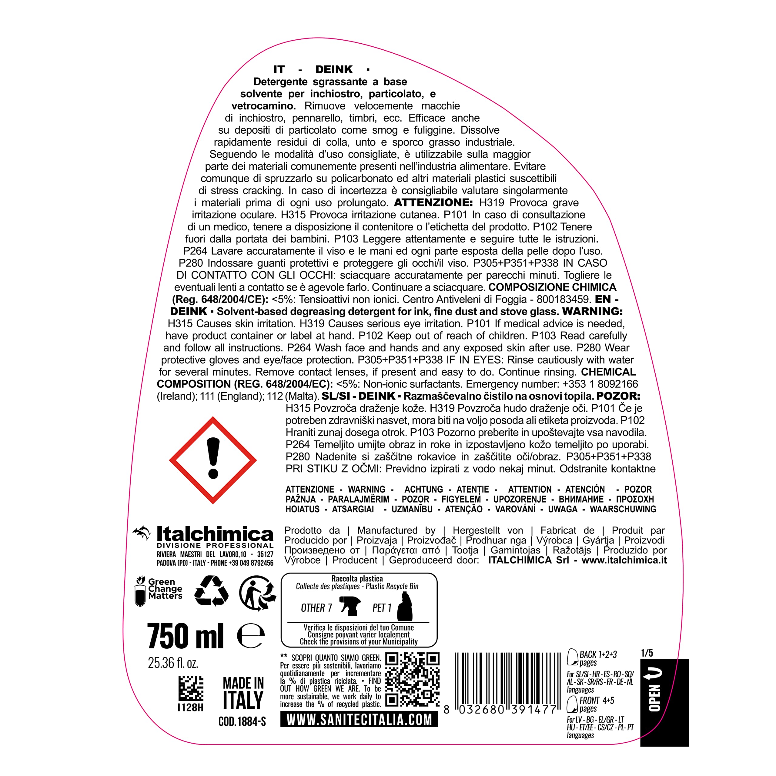 SANITEC igiene sicura Deink, Detergente Profumato, Sgrassante Specifico ed Efficace per Inchiostro, Colla, Grasso e Graffiti, Pulizia Senza Risciacquo e Senza Aloni, Made in Italy, 6 Flaconi 750 ml