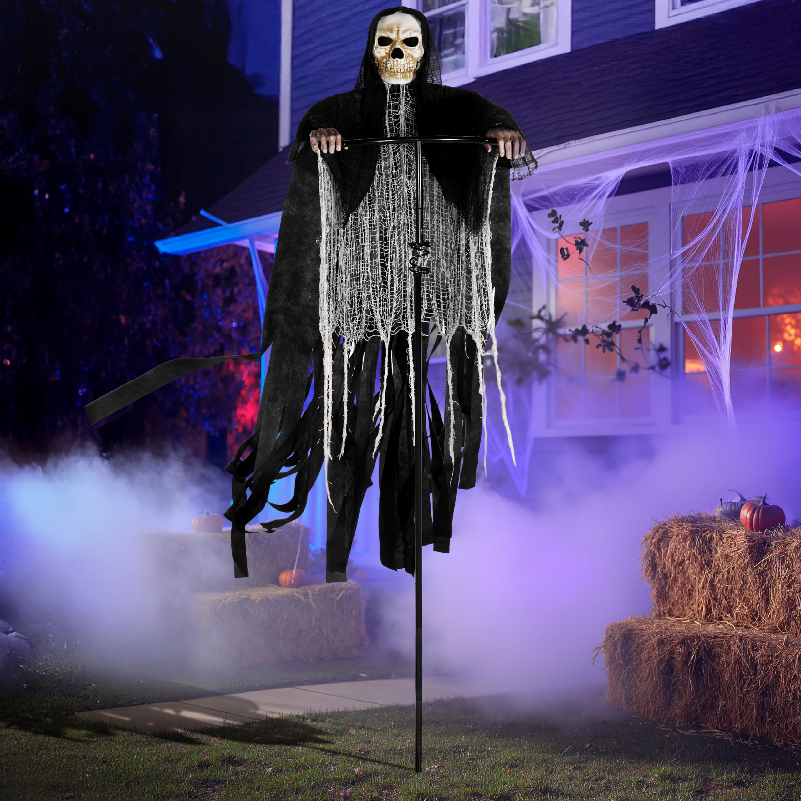 JOYIN Halloween Sensenmann Dekoration 180CM, drehbare Fliegende Schrei-Vogelscheuche, Skelett-Geister-Dekoration für Außen, geeignet für Frihof, Spukhaus, Garten, Veranda, Rasen