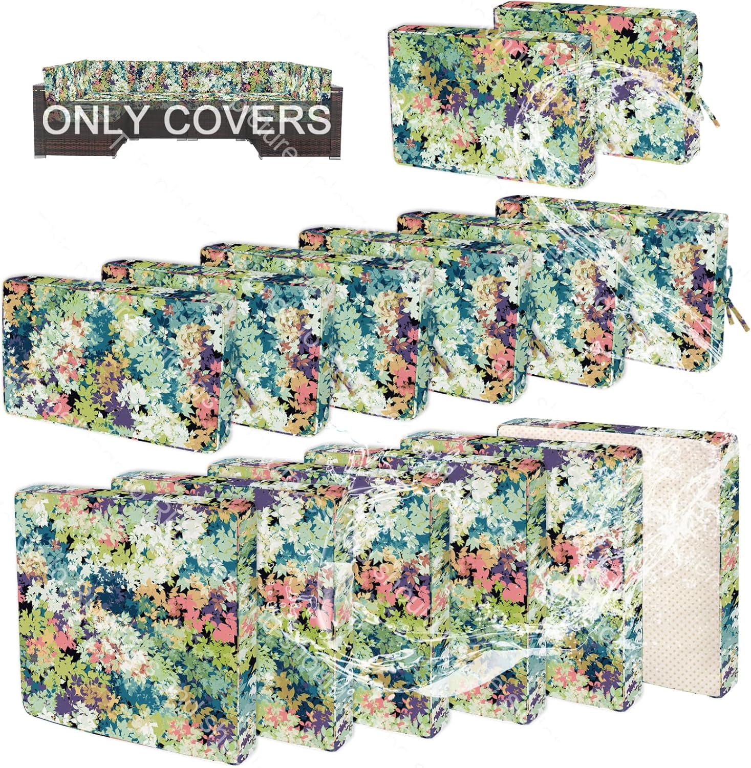 14 PCs Patio Cushion Covers for 7 PCs Outdoor Furniture Sectional Seating Sets Water Resistant Plus 2 Throw Pillows (Colorful Leaves, 23.6 * 23.6 * 3.5 in-14)
