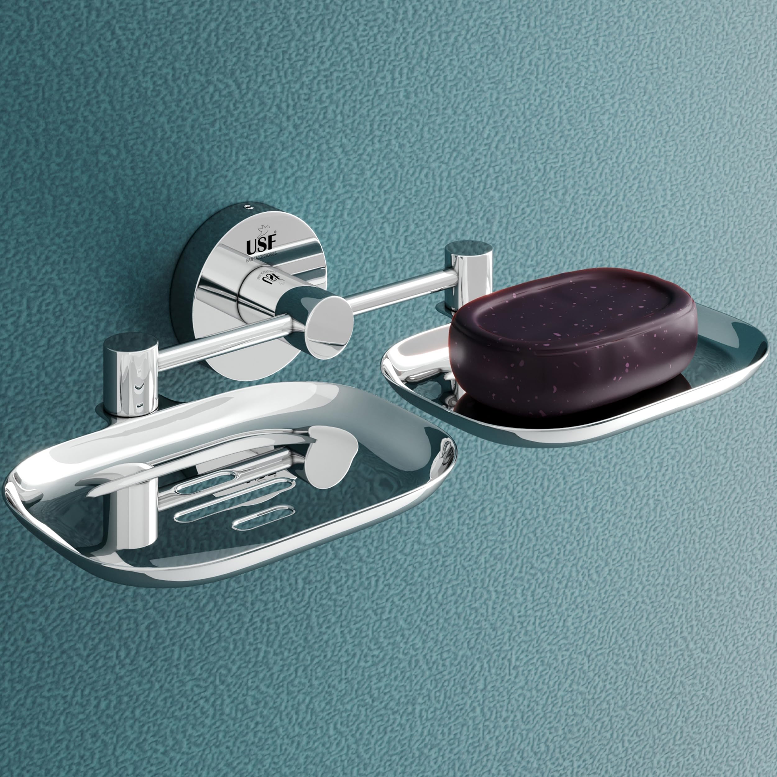 USF Bath Accessories 304 Grade Stainless Steel Double Soap Holder for Bathroom | Wall Mounted Soap Stand & Soap Dish | Rustproof and Drain Holes | Chrome Finish | 10 Years Warranty
