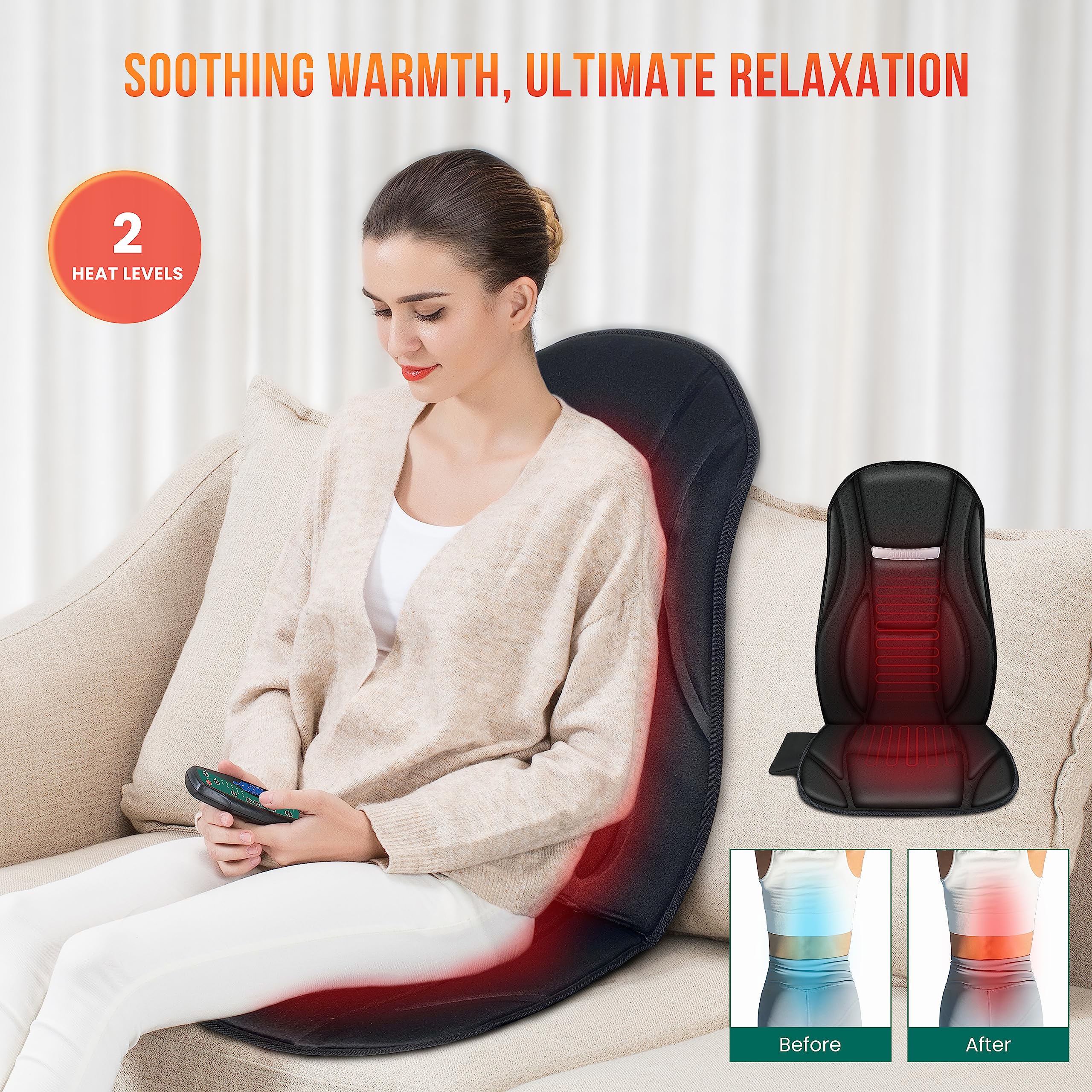 Snailax Housse de siège de massage avec fonction chauffante et vibrante, 8 moteurs de vibration, appareil de massage pour le dos, coussin de siège pour la maison, le bureau ou comme cadeau