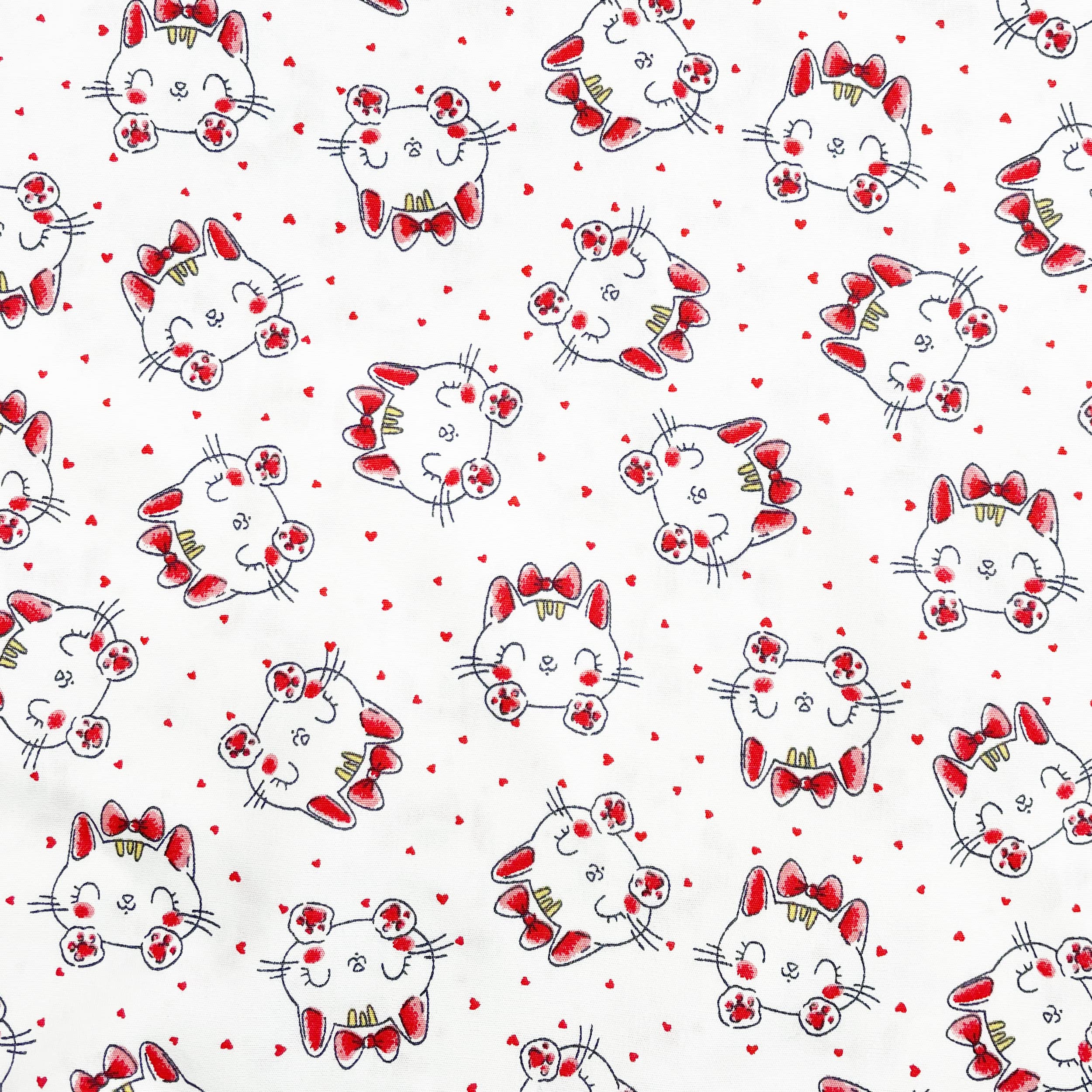 Cotton Fabric - Cute Red Cats & Love Hearts on White - Craft Fabric Material Metre