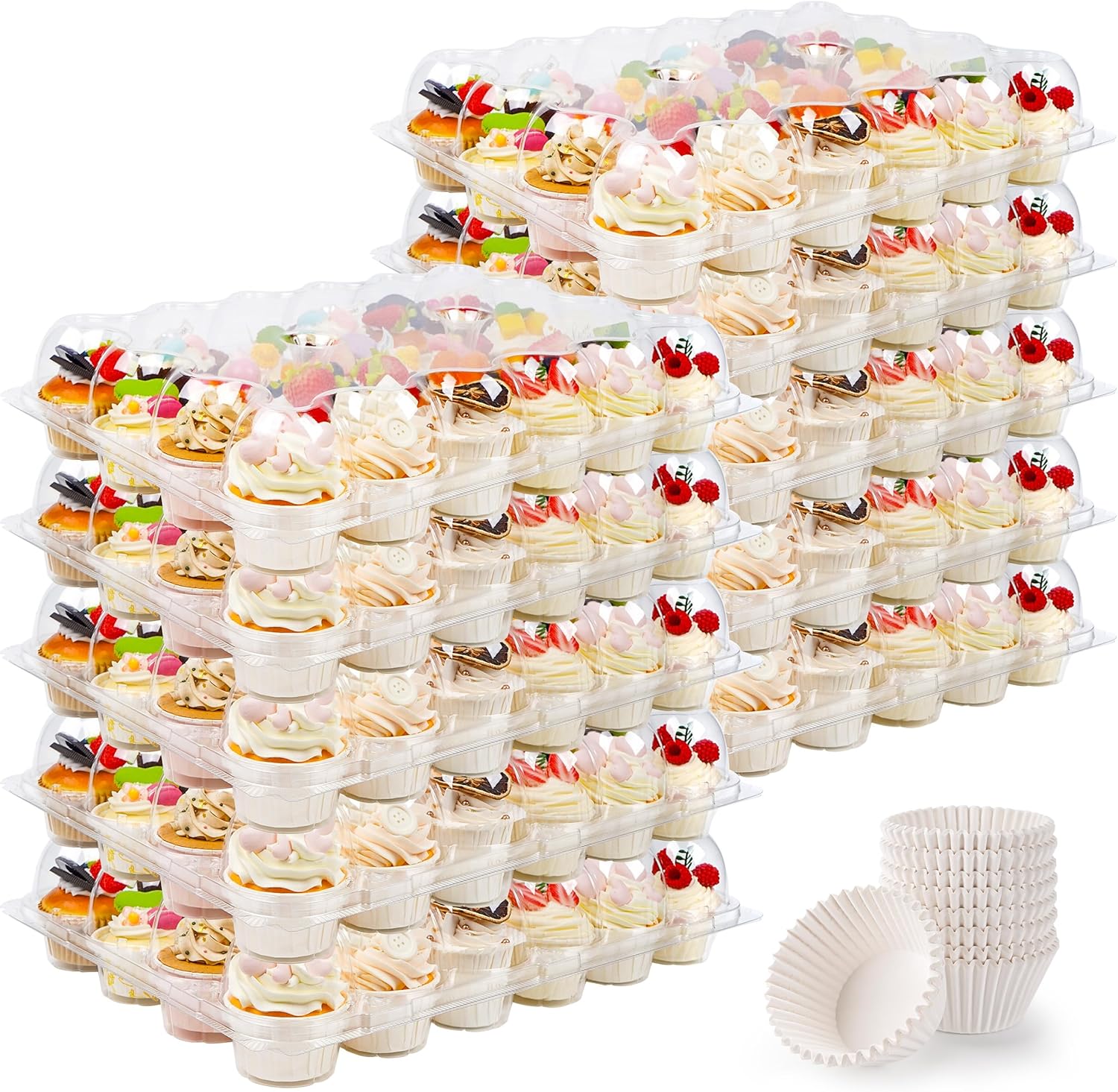24 Count Cupcake Containers 15 Pack Cupcake Holders Plastic Clear Disposable Cupcake Containers with Detachable Tall Dome Lids and 360 Liners for 360 Cupcakes, BPA Free, Stand Size