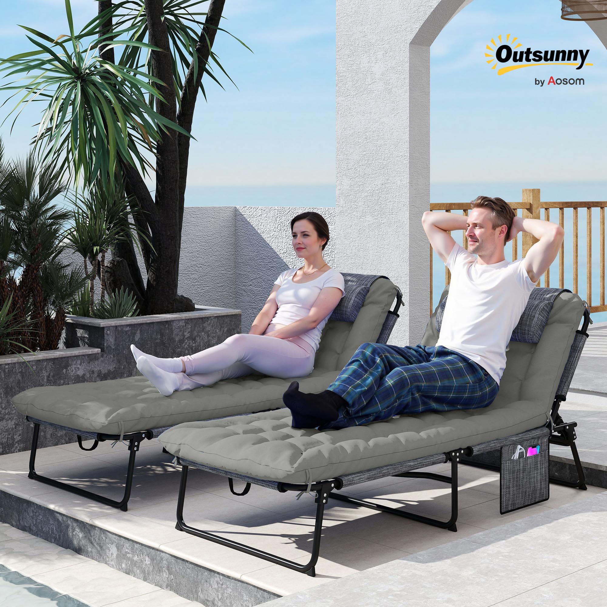 Outsunny Lot de 2 transats Bains de Soleil Pliable avec Dossier inclinable 4 Positions - Appui-tête et Matelas épais Ultra Confortable - Tissu textilène et Acier, Gris