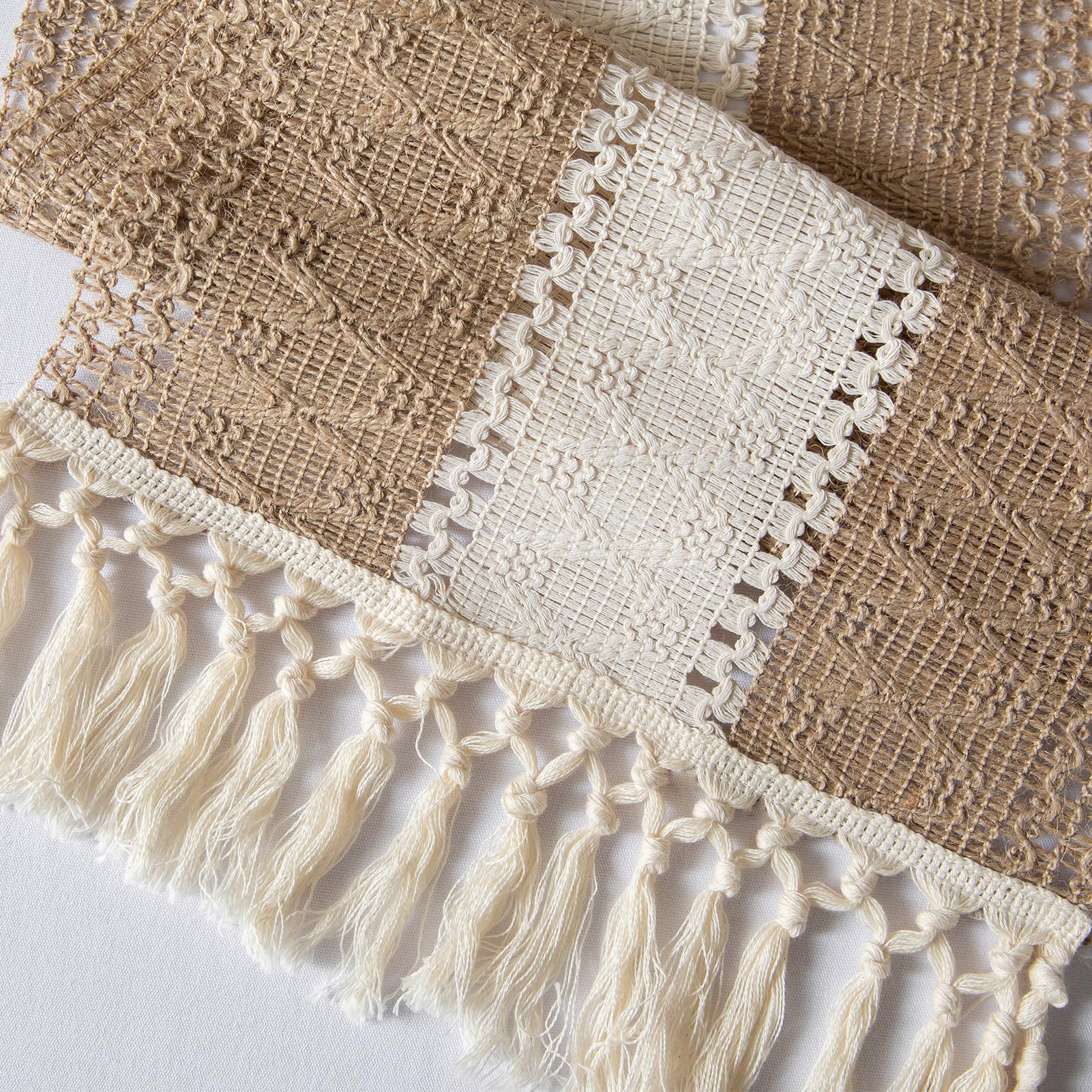 Runner Da Tavola Boho In Lino E Cotone - Dimensioni 33x220 Cm, Con Nappe, Design Bicolore Marrone E Bianco, Per Decorazione Casa E Eventi - 10