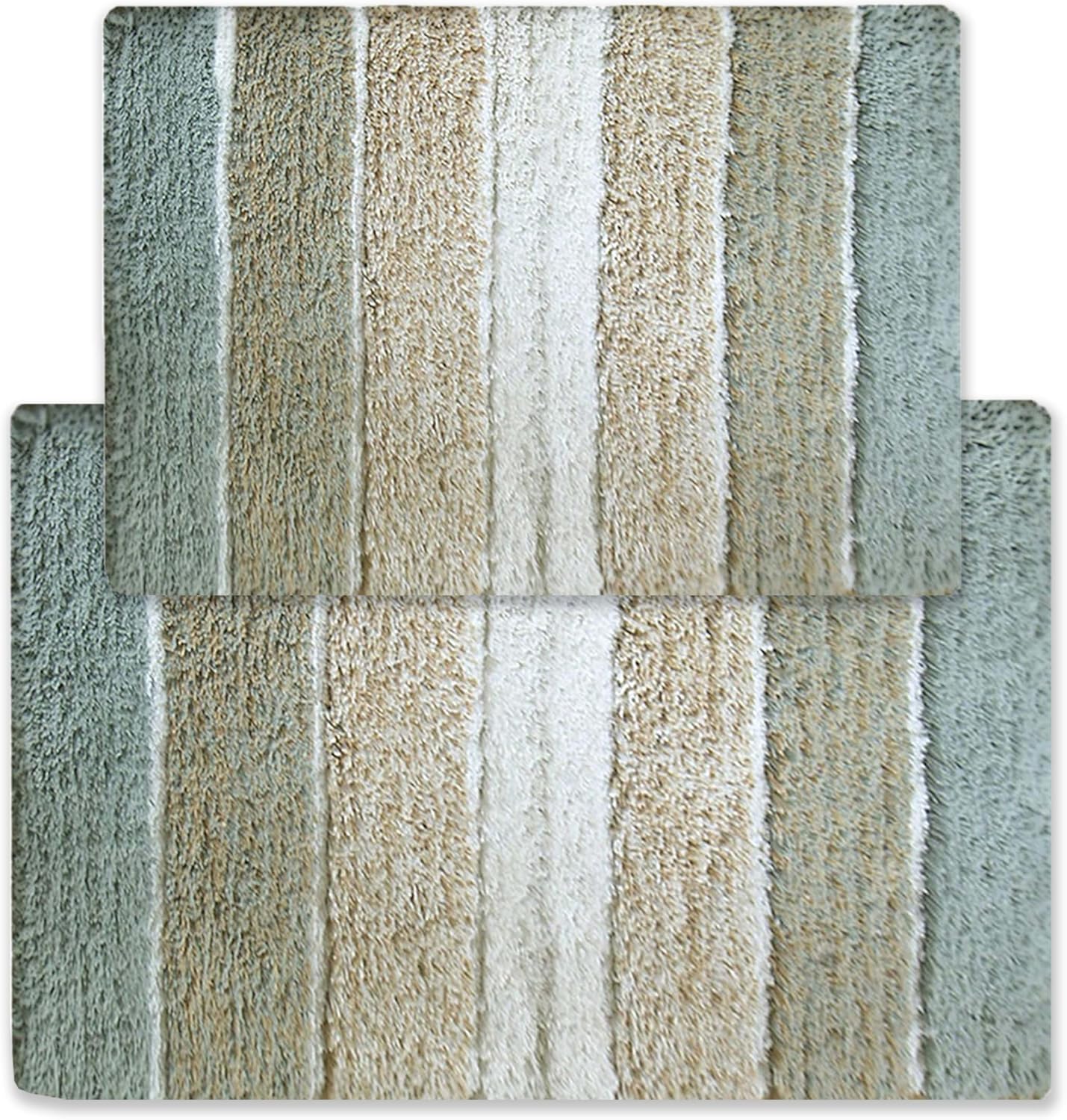 Chardin home Cordural Stripes Bath Mat, Set of 2 Bath Rugs (17 Inches x24 Inches & 21 Inches x34 Inches) | Non Slip Bathroom Rug, Machine Washable, Plush, Highly Absorbent | Bluish Gray- Beige