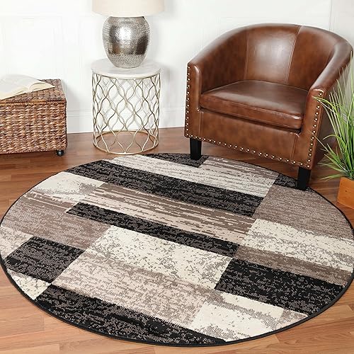 SUPERIOR Indoor Area Rug, Jute Backed, Modern Geometric Patchwork Floor Decor for Bedroom, Office, Living Room, Entryway, Hardwood Floors, Rockwood Collection, 8' Round, Chocolate