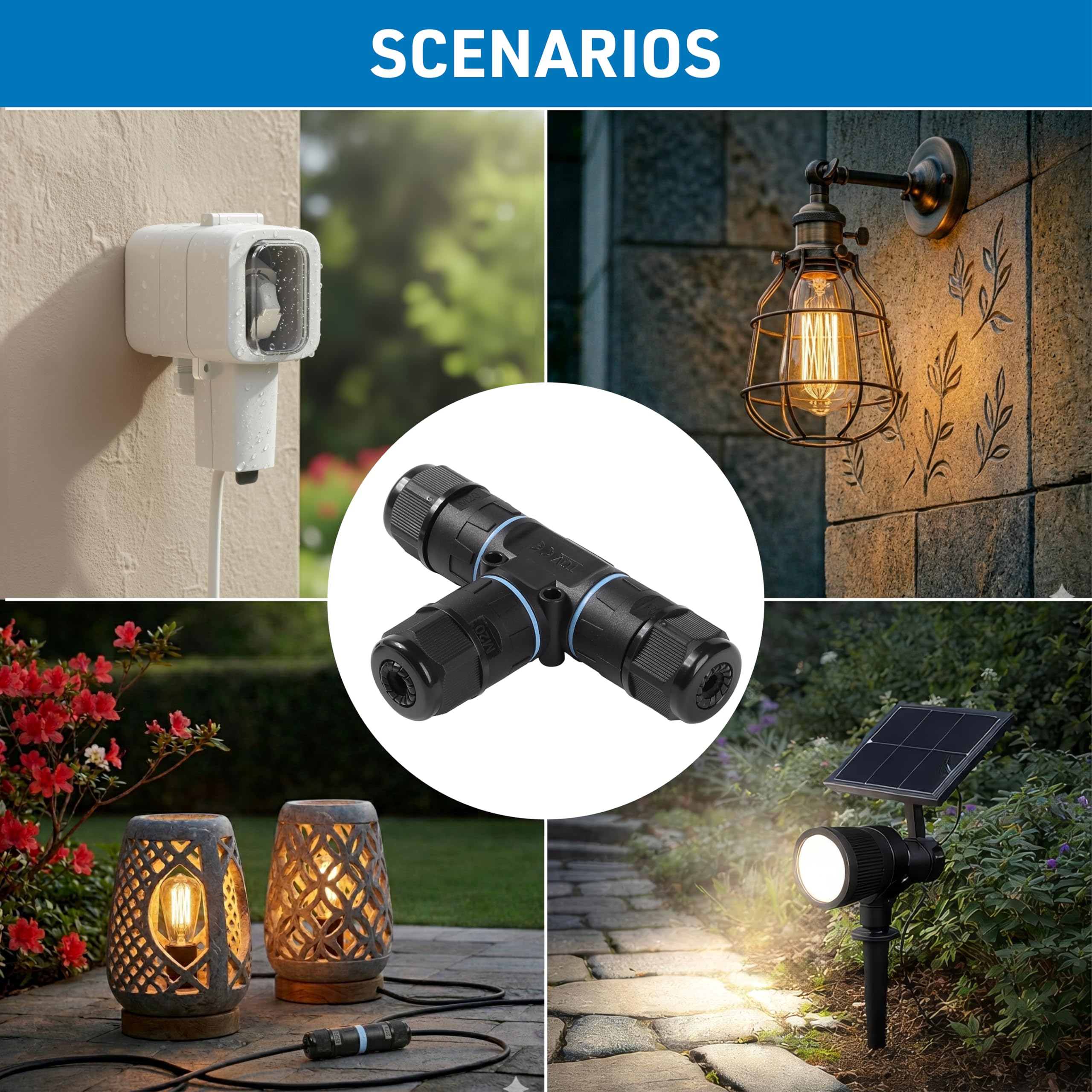Electraline 71736 Conector estanco en forma de t, 3 polos, 3 vías, ideal para jardines y espacios exteriores, para cables externos IP68
