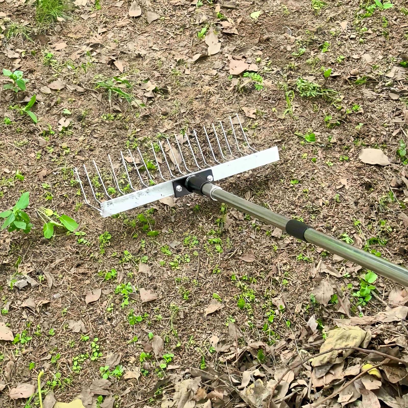 Rastrello per Foglie da Giardino con 21 Denti, Forma di L, Versatile, Professionale, per Aiuole, Asta in Metallo Regolabile, 40, 125 Cm 3 Sezioni