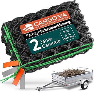 CargoVA® Intelligentes Anhängernetz dehnbar 1x2 bis 2x3 M - elastisches Hängernetz schwarz mit Gummiseil und Eckenmarkierung - für die perfekte Ladungssicherung