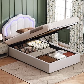Single Bed Ottoman Frame, 3ft Upholstered Kids Bed with Hydraulic and Side Pocket Storage, Cloud Headboard with LED Light,Velvet, White, 90x190 cm No Mattress