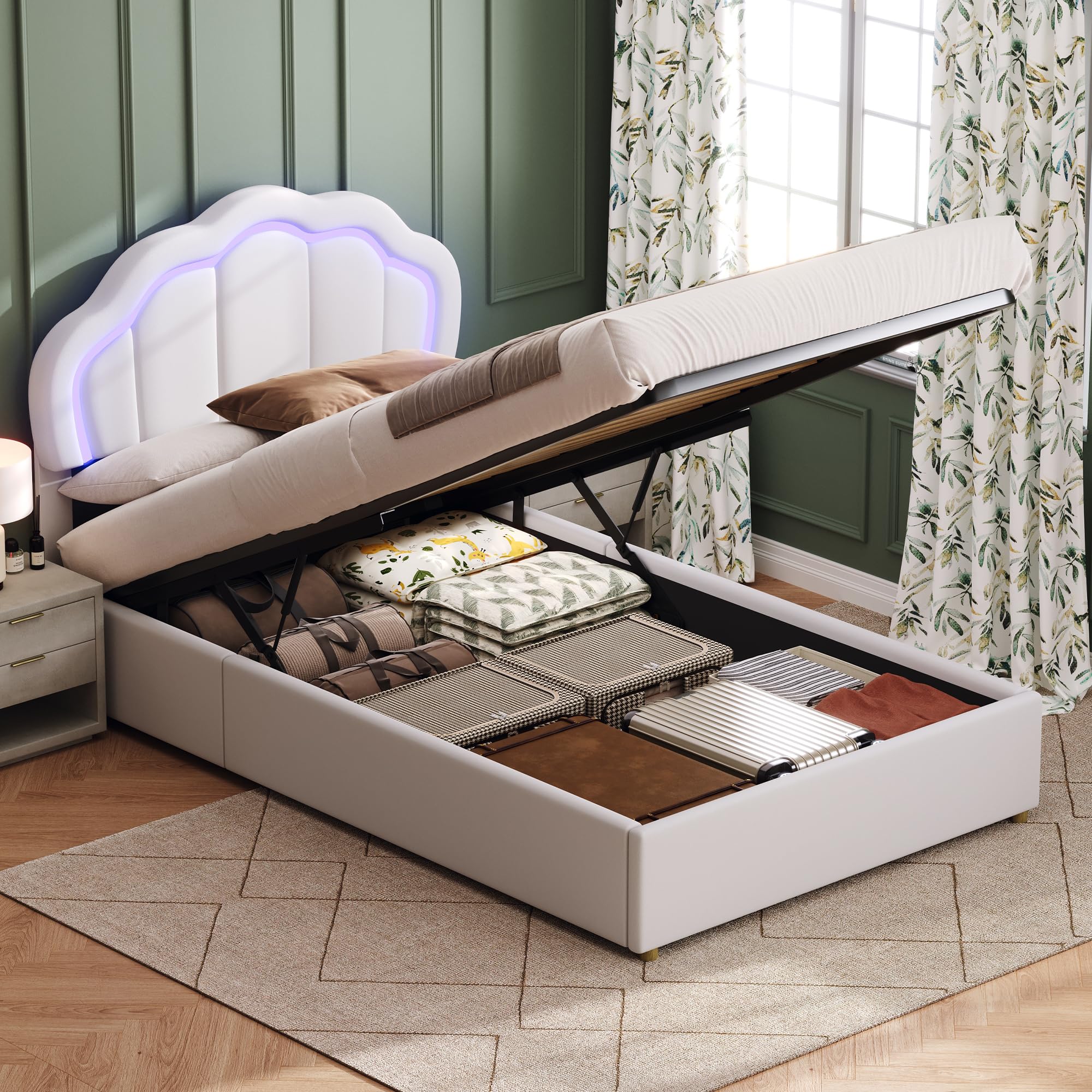 Besbed Single Bed Ottoman Frame, 3ft Upholstered Kids Bed with Hydraulic and Side Pocket Storage, Cloud Headboard with LED Light,Velvet, White, 90x190 cm (No Mattress)