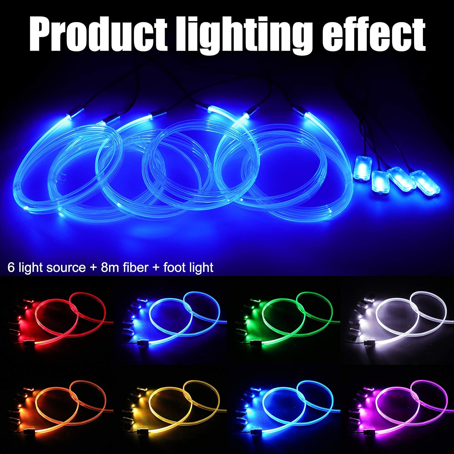 Car Atmosphere Light Kit 8m Fiber Optic RGB Multicolor Sound Active Music Sync Memory Function Bluetooth APP Control 64 Colors USB Car Interior Footwell Ambient Lighting Kit DC 12V