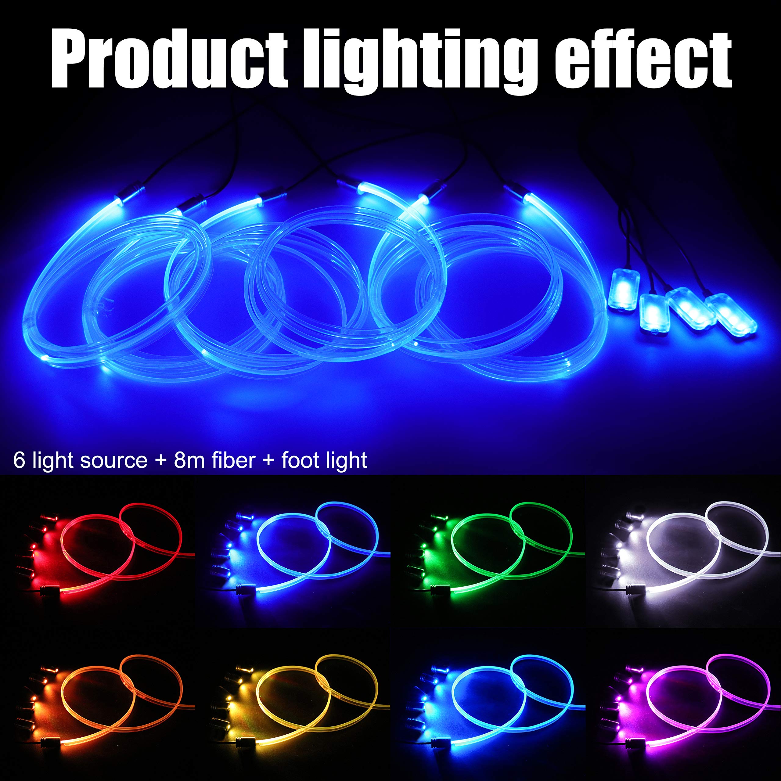 Auto Interno Strip Luces, 6 in 1 Multicolore RGB Auto Footwell Kit di illuminazione ambientale, 8m Fibra ottica EL Neon Tube Luce, Modalità fai da te Sinc musicale Remoto RF + APP DC 12V