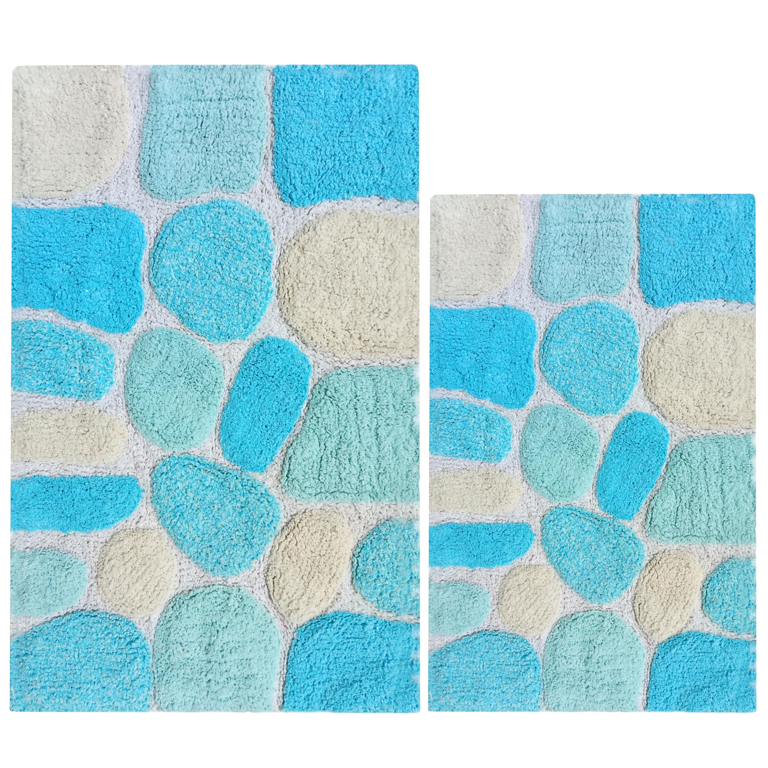 Ramanta Home Pebble Stone Pure Cotton Bathroom Mat Set of 2 - Turquoise, Super Soft Anti Skid Absorbent Bath Rug for Bathroom, Kitchen, Machine