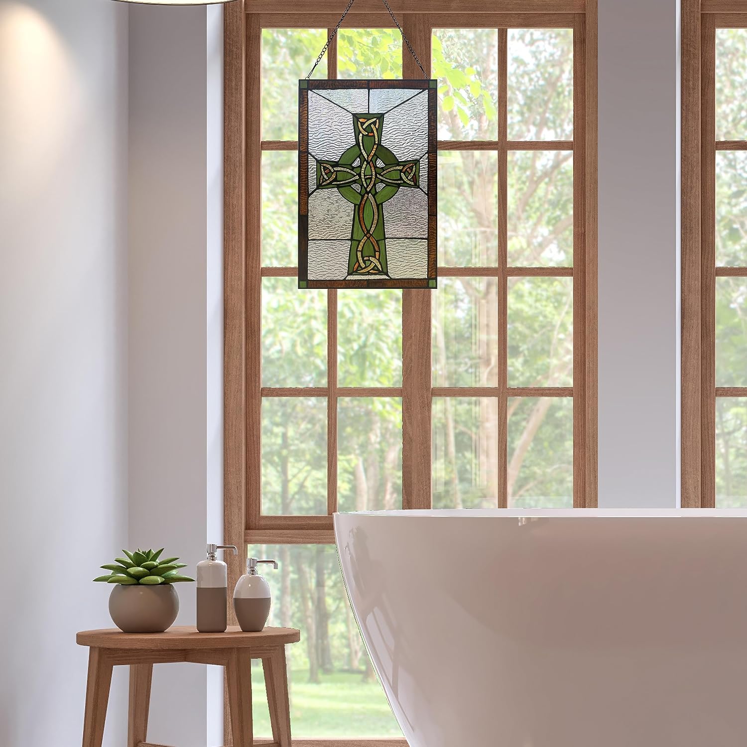 RIVER OF GOODS 18" H Celtic Cross Stained Glass Window Hanging Panel for Home Decor - Elegant Hanging Sun Catcher for Windows and Wall Decor