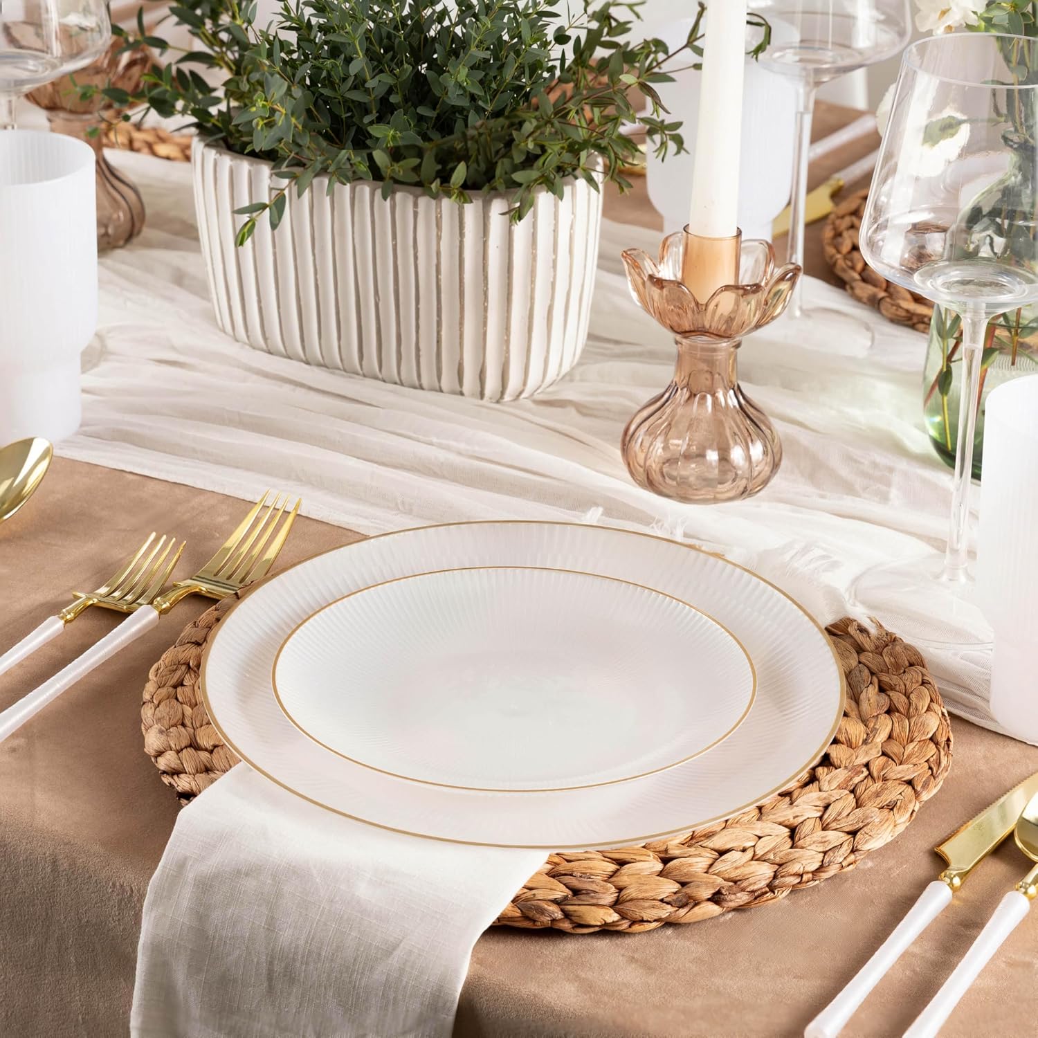 PLASTICPRO 24 Piece Pearl White With Gold Rim Glass Collection Combo Plastic Dinner Plates Disposable Plastic Heavy Duty Party Dishes 12, 7'' inch and 12, 10'' inch,Pearl White With Gold Rim