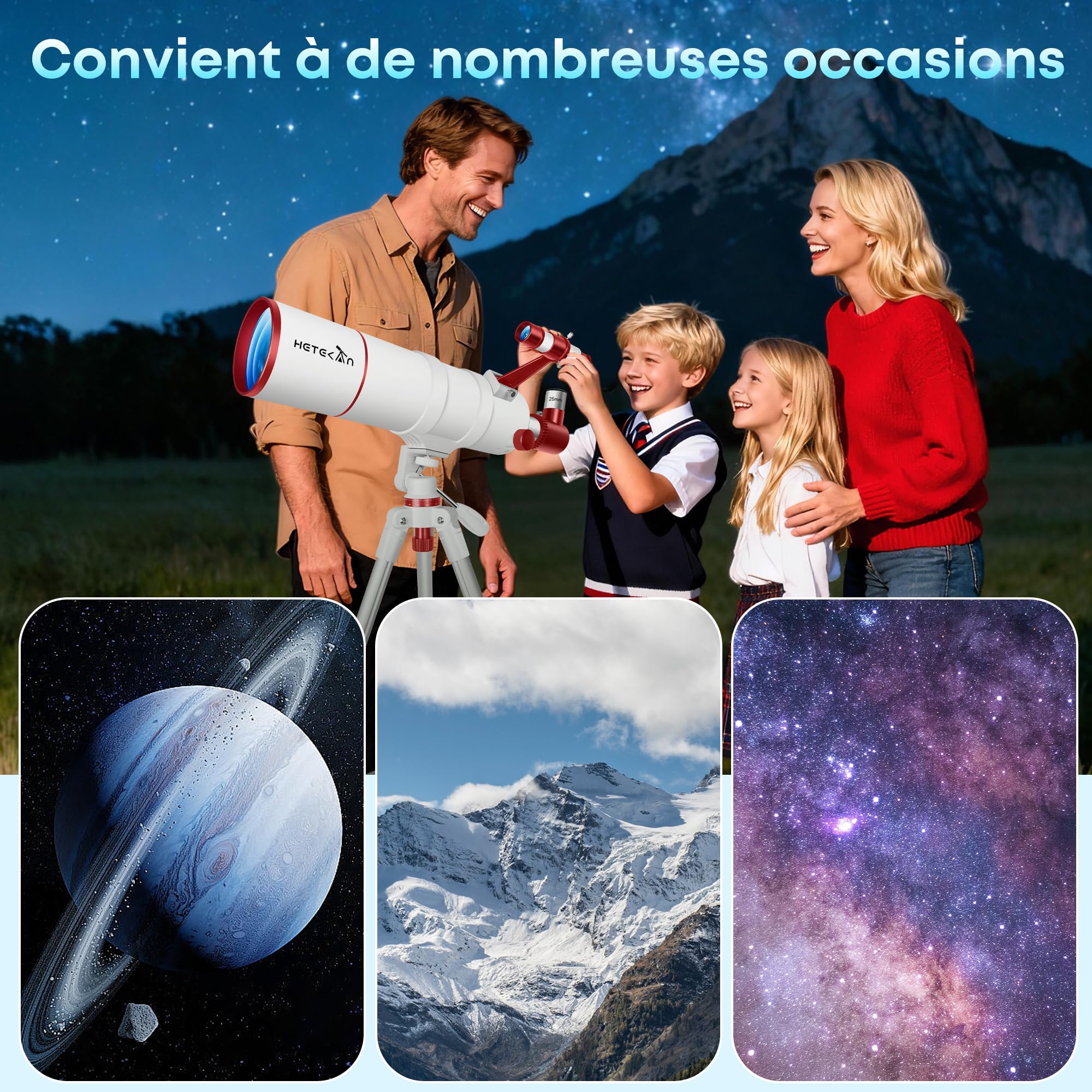 HETEKAN Télescope pour Adultes Enfants et Débutants, Réfracteur Portatif 90mm 550mm (22X-165X) avec Trépied AZ, Adaptateur Téléphone, Sac de Transport et Autocollants Décoratifs