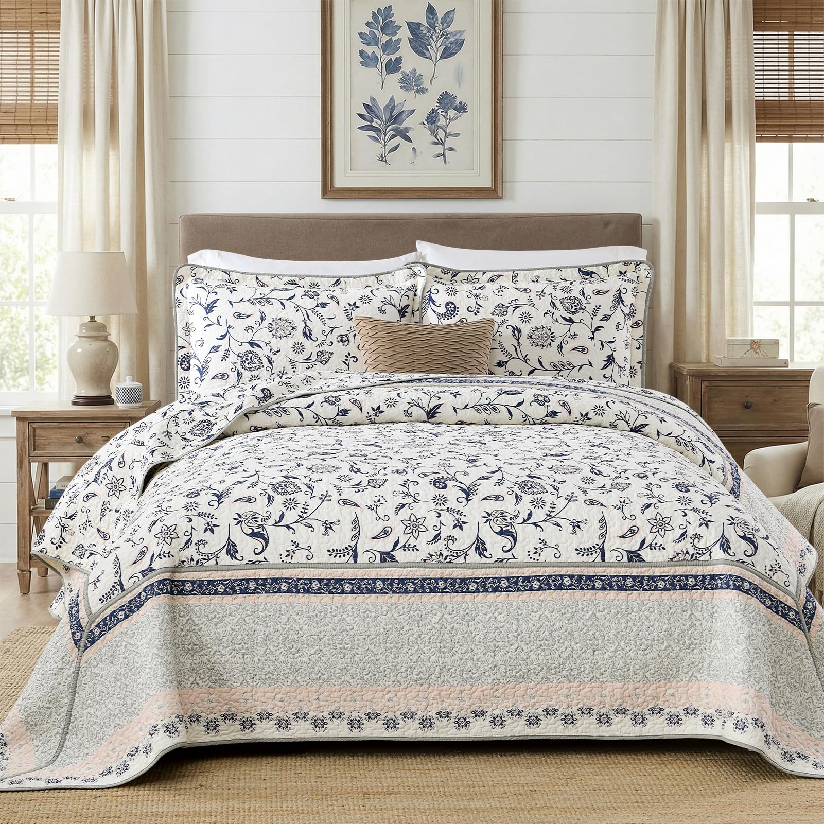 QuiltMuse Oversized King Bedspread 120"x120" - 100% Cotton Lightweight Farmhouse Floral Pattern Cal Quilt with 2 Pillow Shams, Reversible Vintage