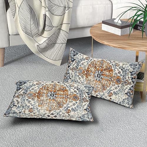 Miniatura 7 de Kawani Juego de 2 fundas de almohada lumbar étnicas bohemias de 12 x 20 pulgadas, alfombra bohemia vintage, negro, verde azulado, gris, floral,