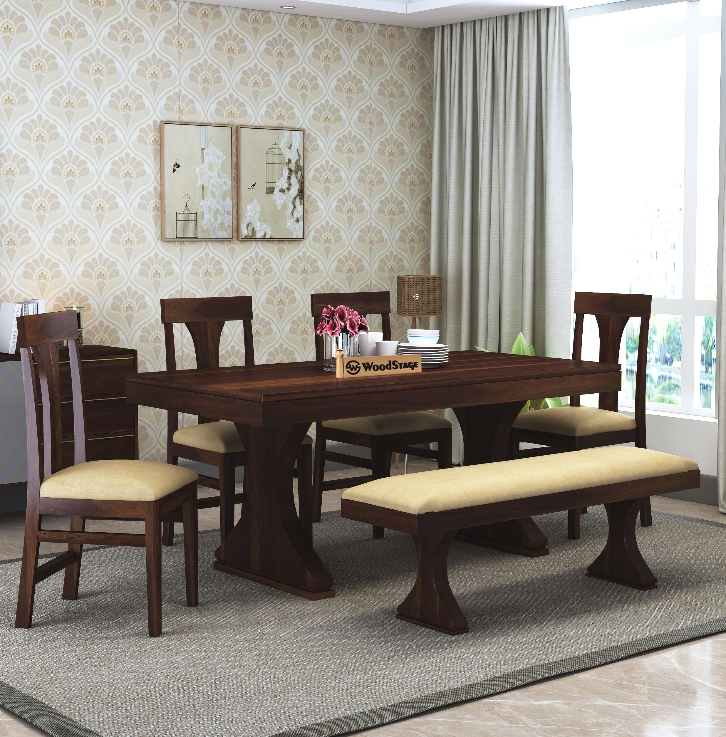WOODSTAGE Sheesham Wood 6 Seater Dining Table with Cushioned Chairs and Bench for Living Room Wooden Dining Room Set for Home (Walnut Finish) (B0CQYJ4HJX) Amazon Price History, Amazon Price Tracker