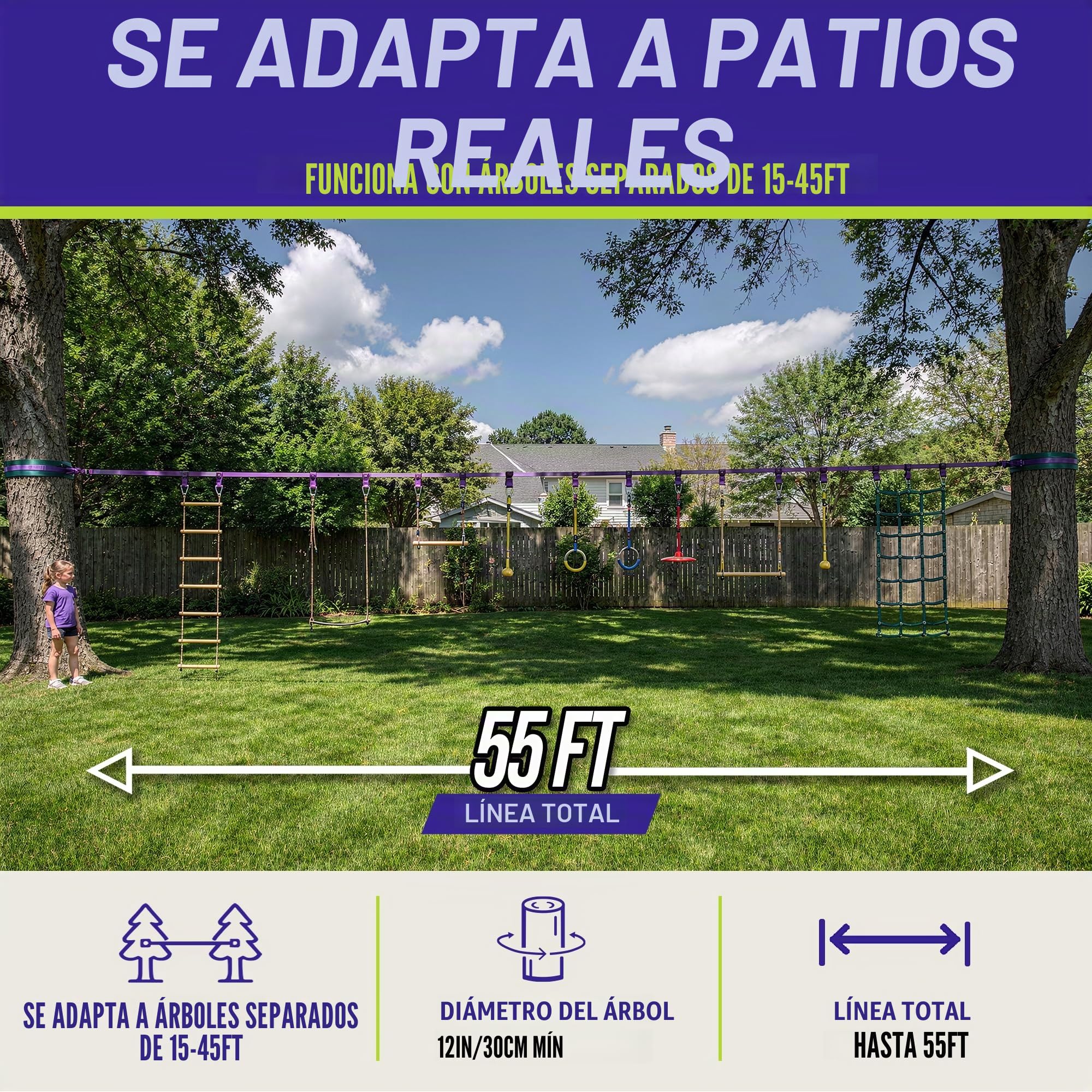 Trailblaze Slackline Ninja Warrior Obstacle Course para niños, 15 m Ninja Slack Line Anillos de gimnasio, barras de mono, protectores de árboles, diversión perfecta al aire libre para niños