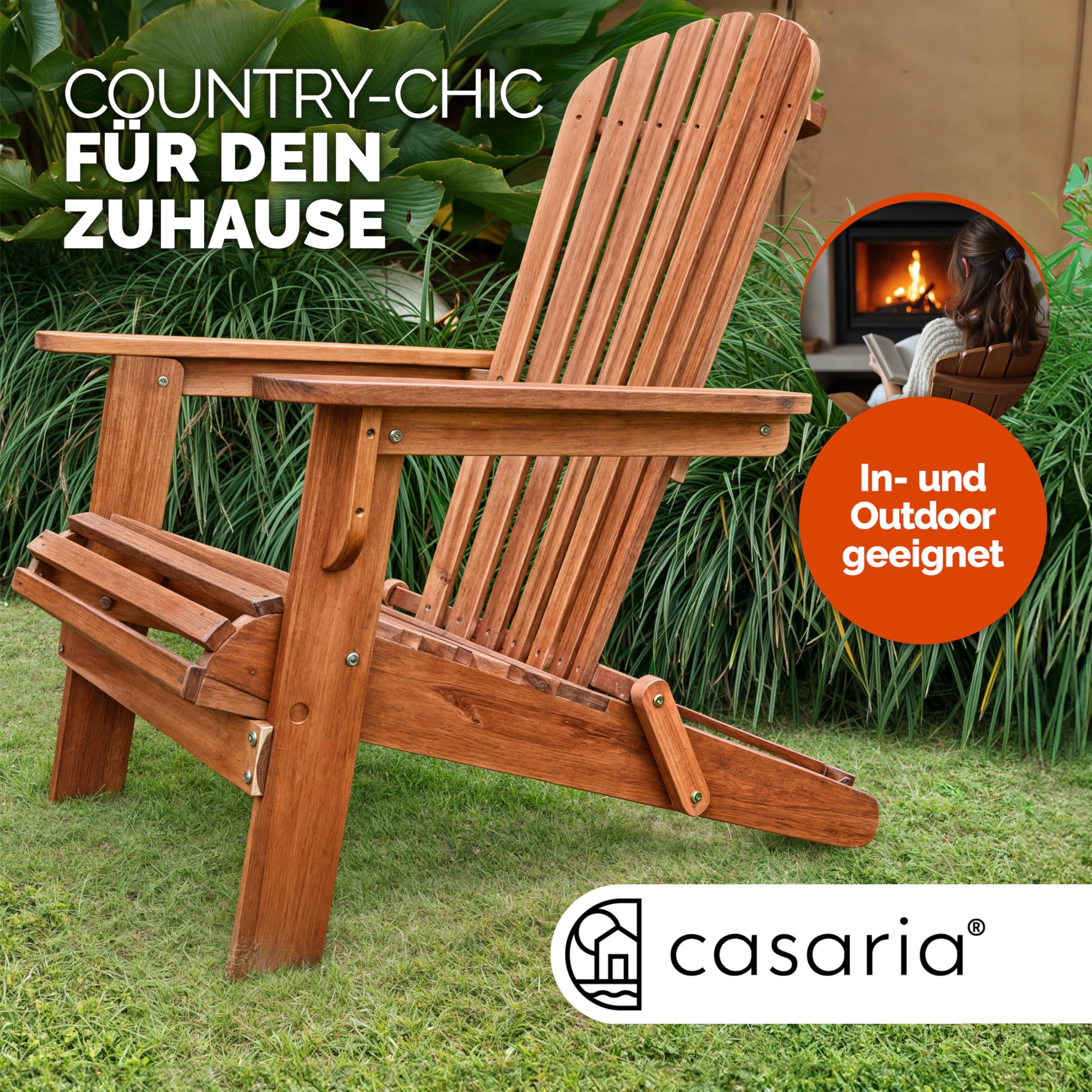 Casaria Adirondack Acacia Bois Max 160kg Résistant aux intempéries Pliable Accoudoirs Chaise Longue Balcon 84x69x94cm Chaise en Bois Ergonomique