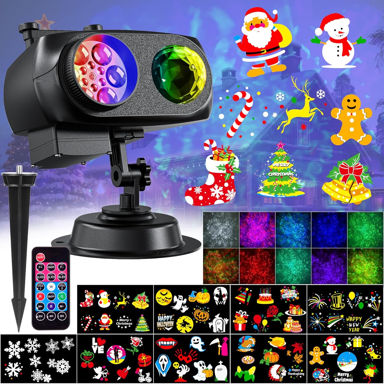 Christmas Halloween Projector Lights Outdoor, 2025 Upgrade Holiday Projection Light with Remote, 3D Ocean Wave & 72 HD Patterns, Waterproof Snowflake Projector for Xmas Party Yard Decor Multicolor