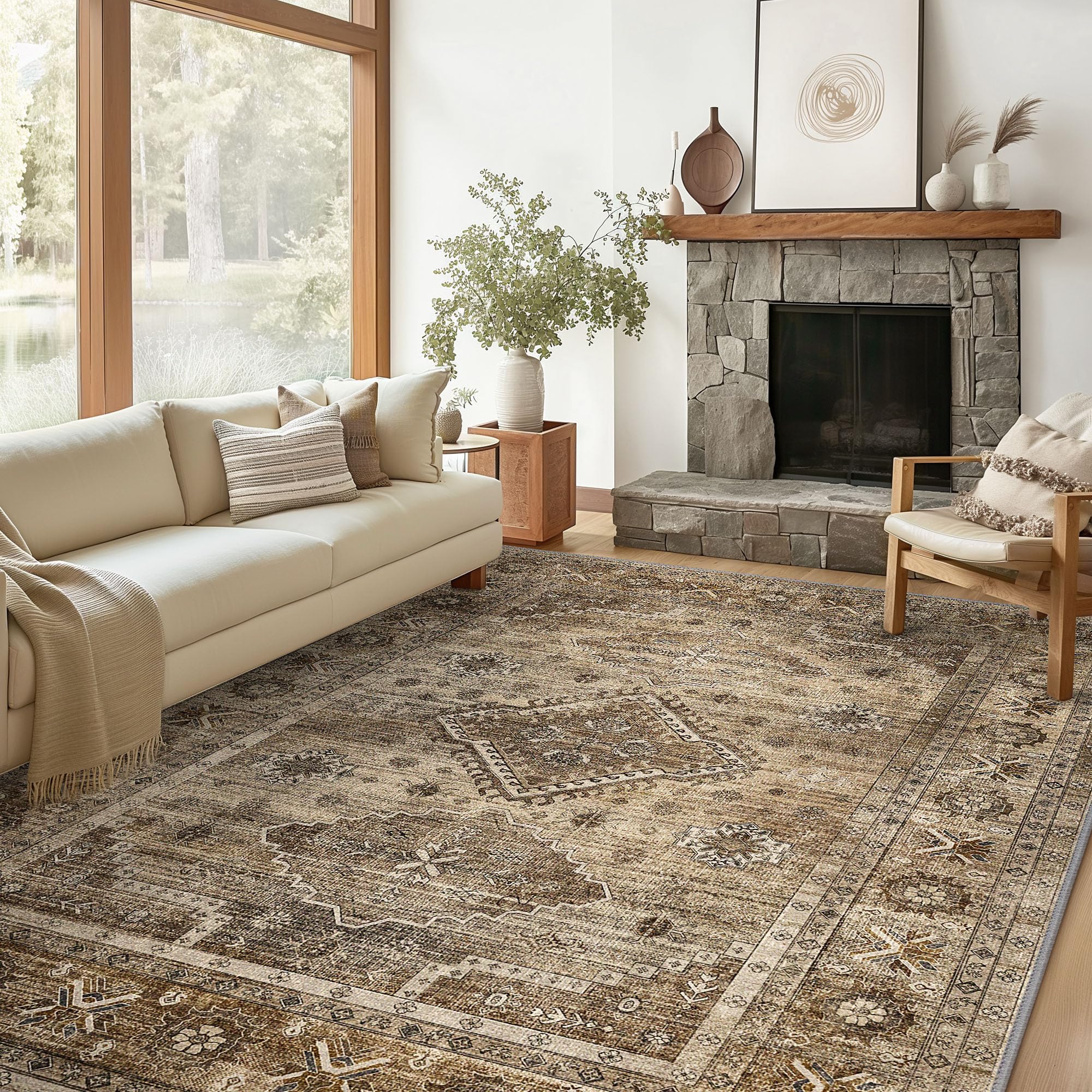 BEIMO Area Rugs 8x10 for Living Room Bedroom, Machine Washable Area Rug for Living Room, Print Vintage Tribal Aesthetic Carpet, Low Pile Mat with Non Slip Rubber Backing, Distressed Umber