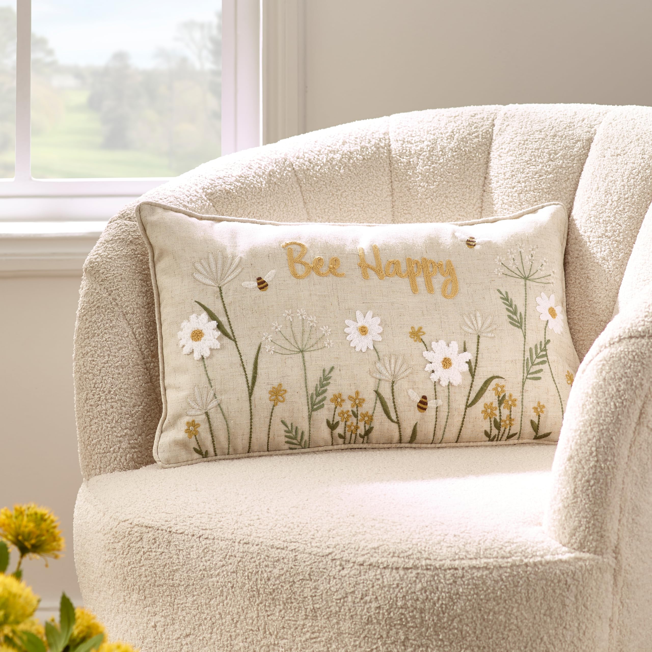 Catherine Lansfield Light/Golden Bee Happy Embroidered Cushion Natural - 30 X 50 Cm - Natural