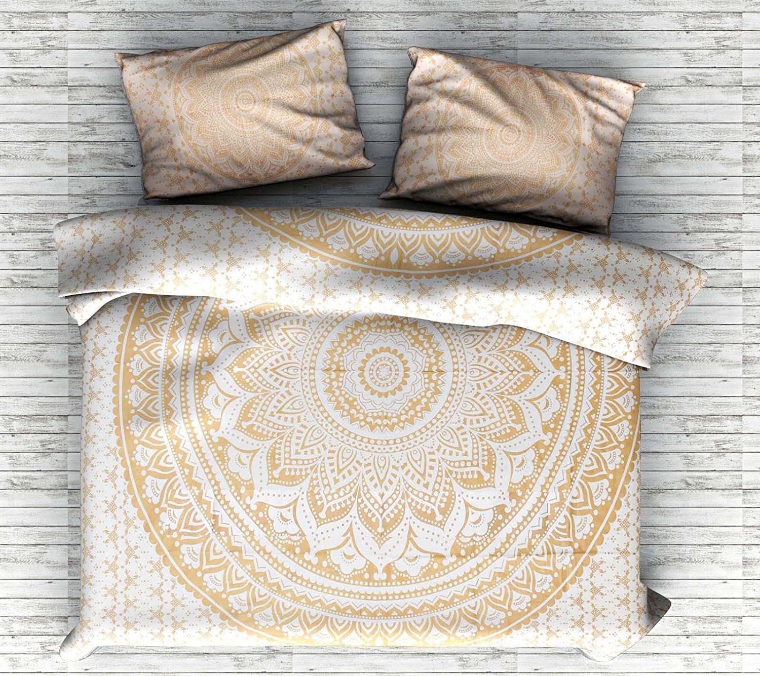 AUNERCART Ombre Mandala Duvet Cover with Pillowcases Indian Donna Cover Set Boho Duvet Cover Bohemian Bedspread Full Size (Golden)