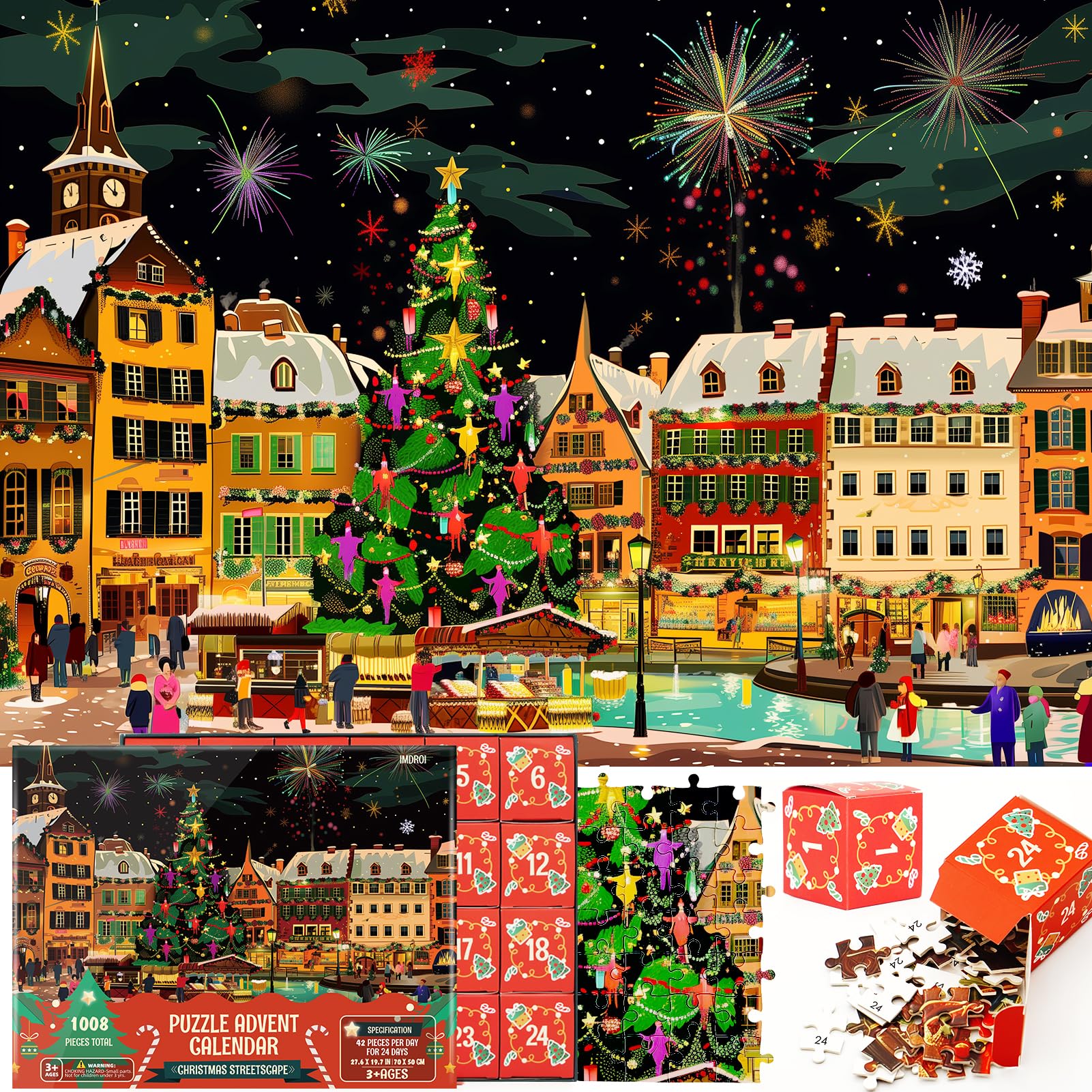 Imdroi Christmas Puzzle Advent Calendar 2024 - Christmas Streetscape Jigsaw Puzzle Family Advent Calendar 1000 Pieces for Kids and Adult, 24 Day Countdown Advent Calendars Xmas Gift for Boys Girls