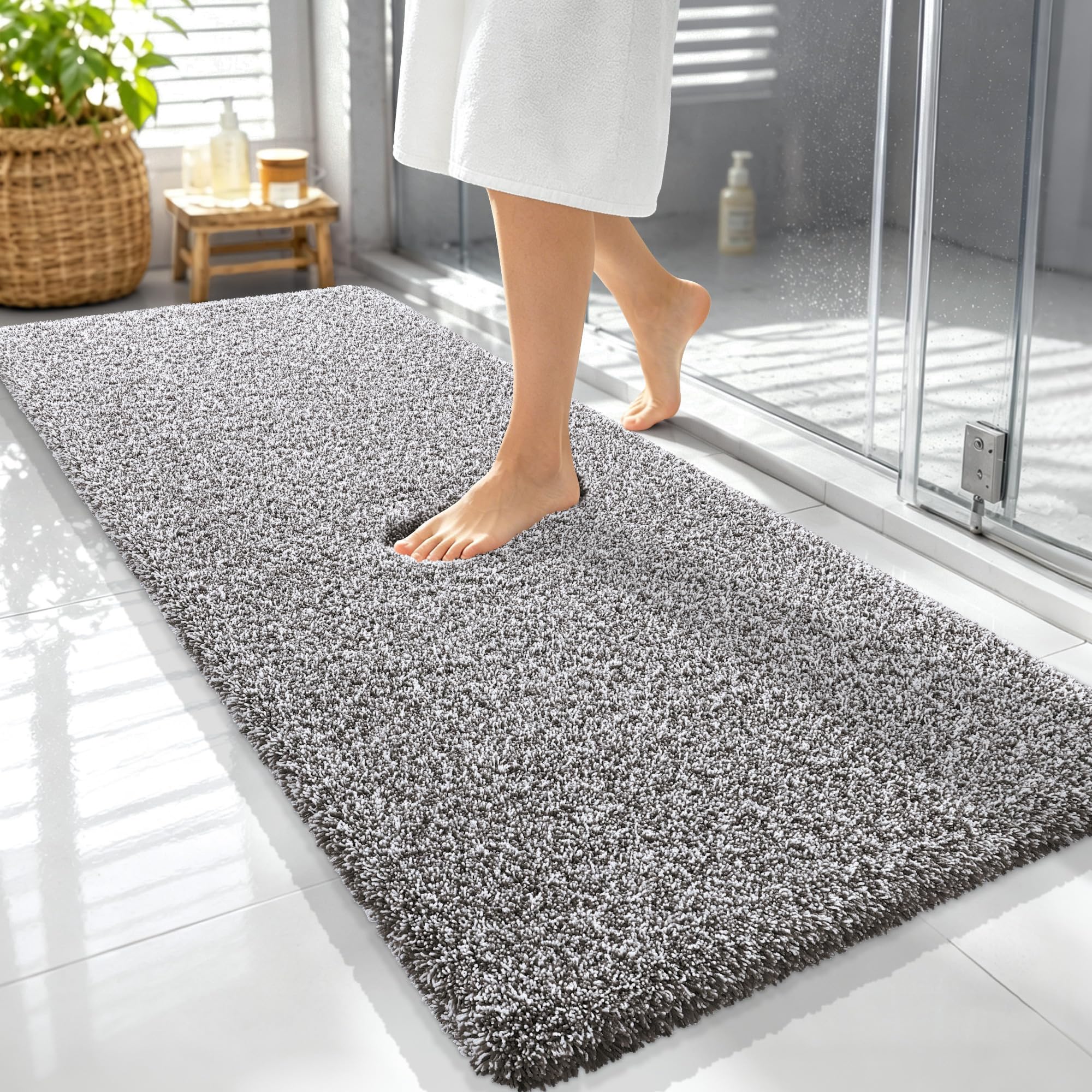 OLANLY Microfiber Bathroom Rugs 59x24, Quick Dry Mat, Dark Brown and White
