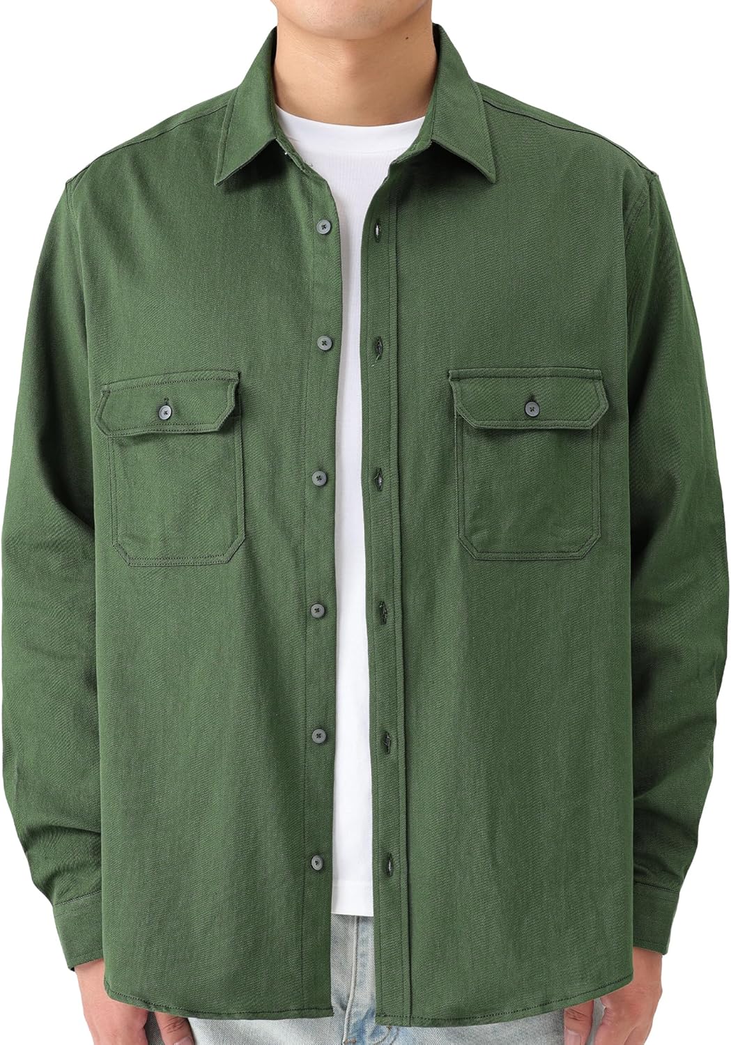 JOGAL Mens Denim Shirt Long Sleeve Button Down Shirt Regular Fit Work Shirt with Flap Chest Pockets - Image 2