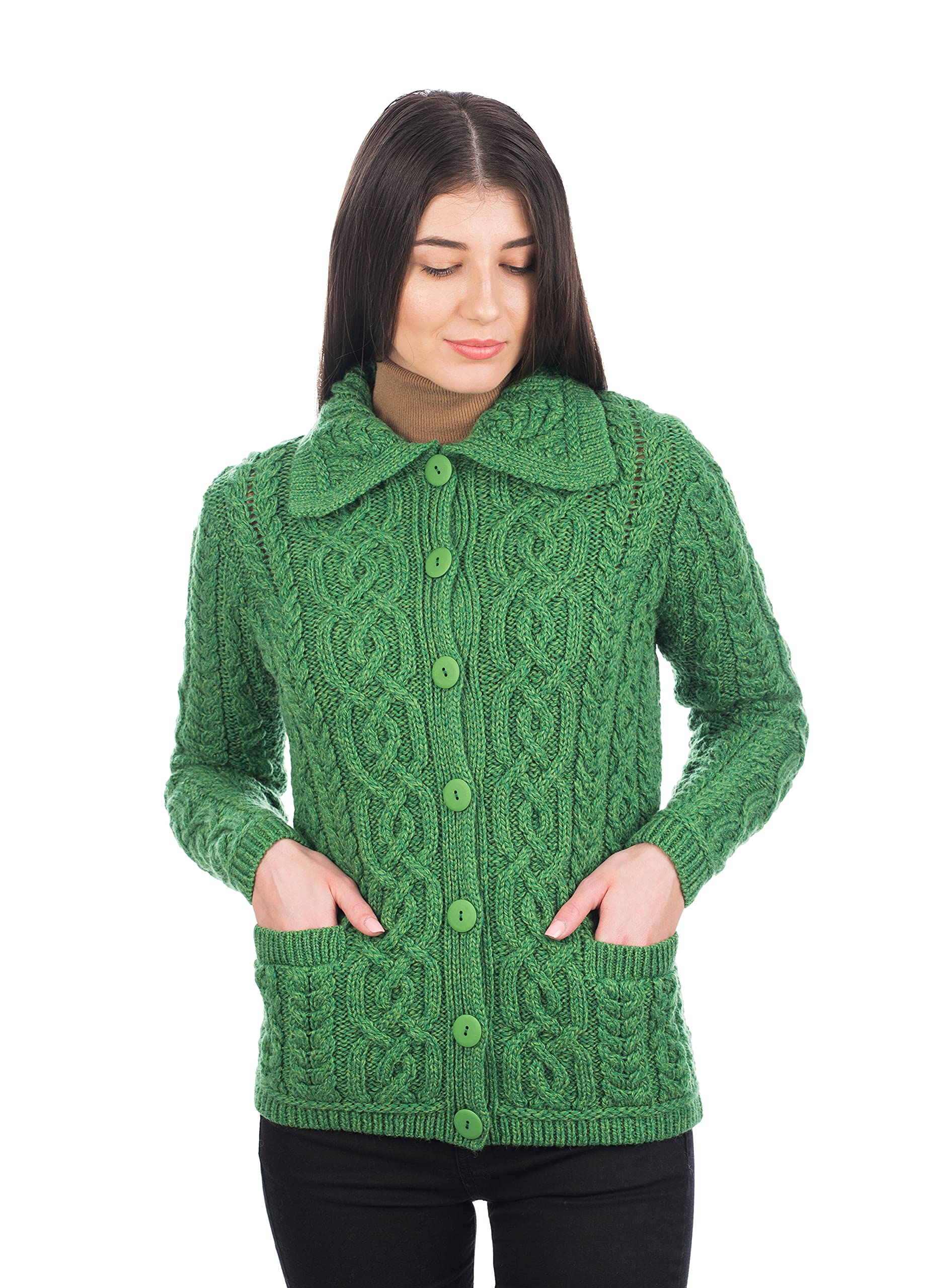 SAOL Irish Cardigan Sweater for Women 100 Merino Wool Aran Celtic Knit Ladies Coat with Pockets