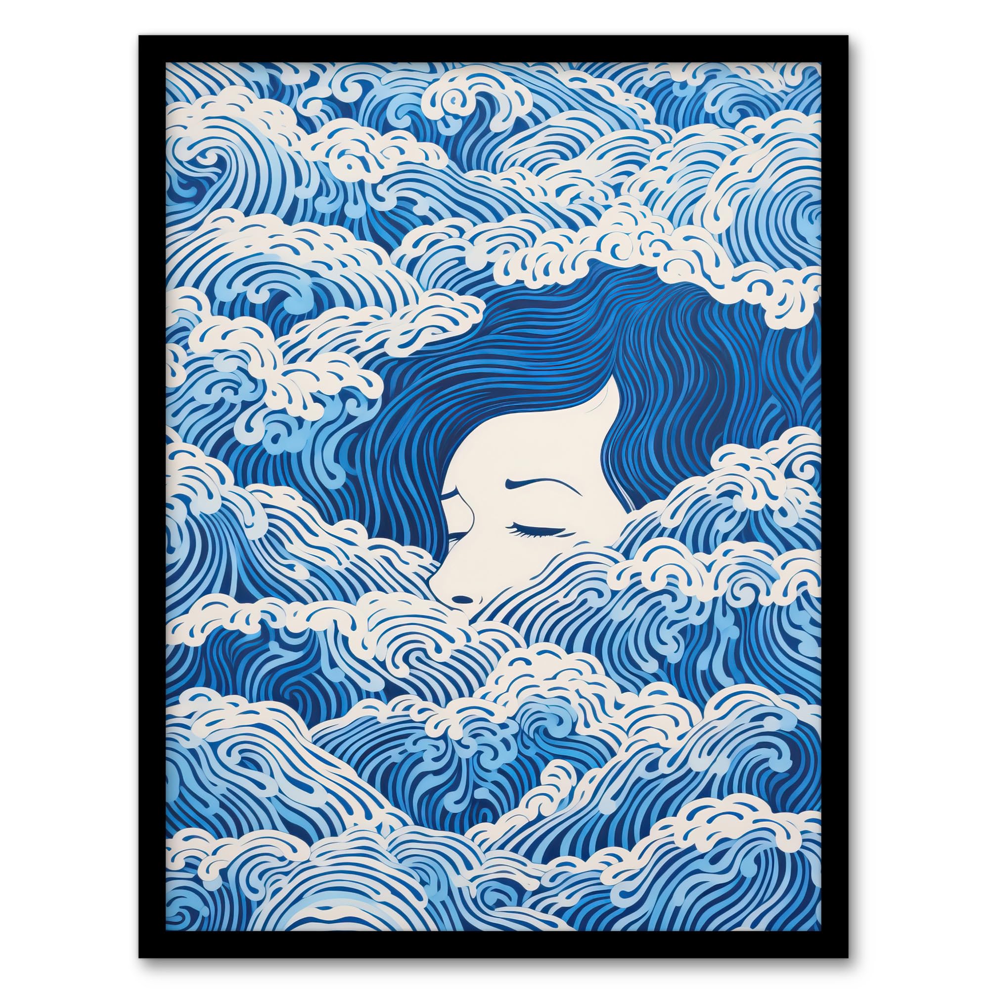 Wee Blue Coo Lost At Sea Waves Of Sleep Blue and White Surreal Painting Artwork Framed Wall Art Print 18X24 Inch