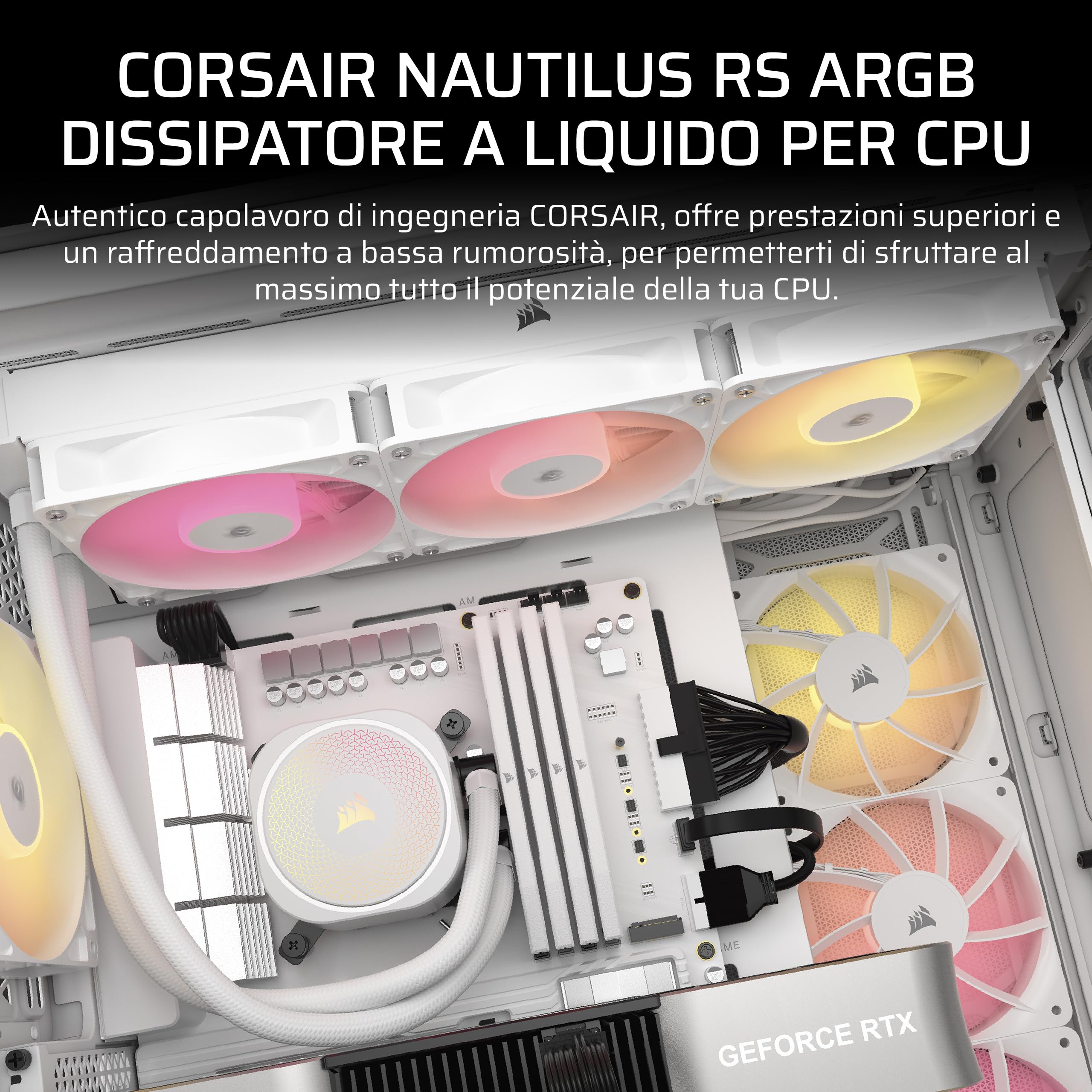 CORSAIR NAUTILUS 360 RS ARGB Raffreddatore CPU a Liquido – 360mm AIO – Connessione Diretta alla Scheda Madre – Intel LGA 1851/1700, AMD AM5/AM4 – 3x RS120 ARGB Ventilatori Inclusi – Bianco