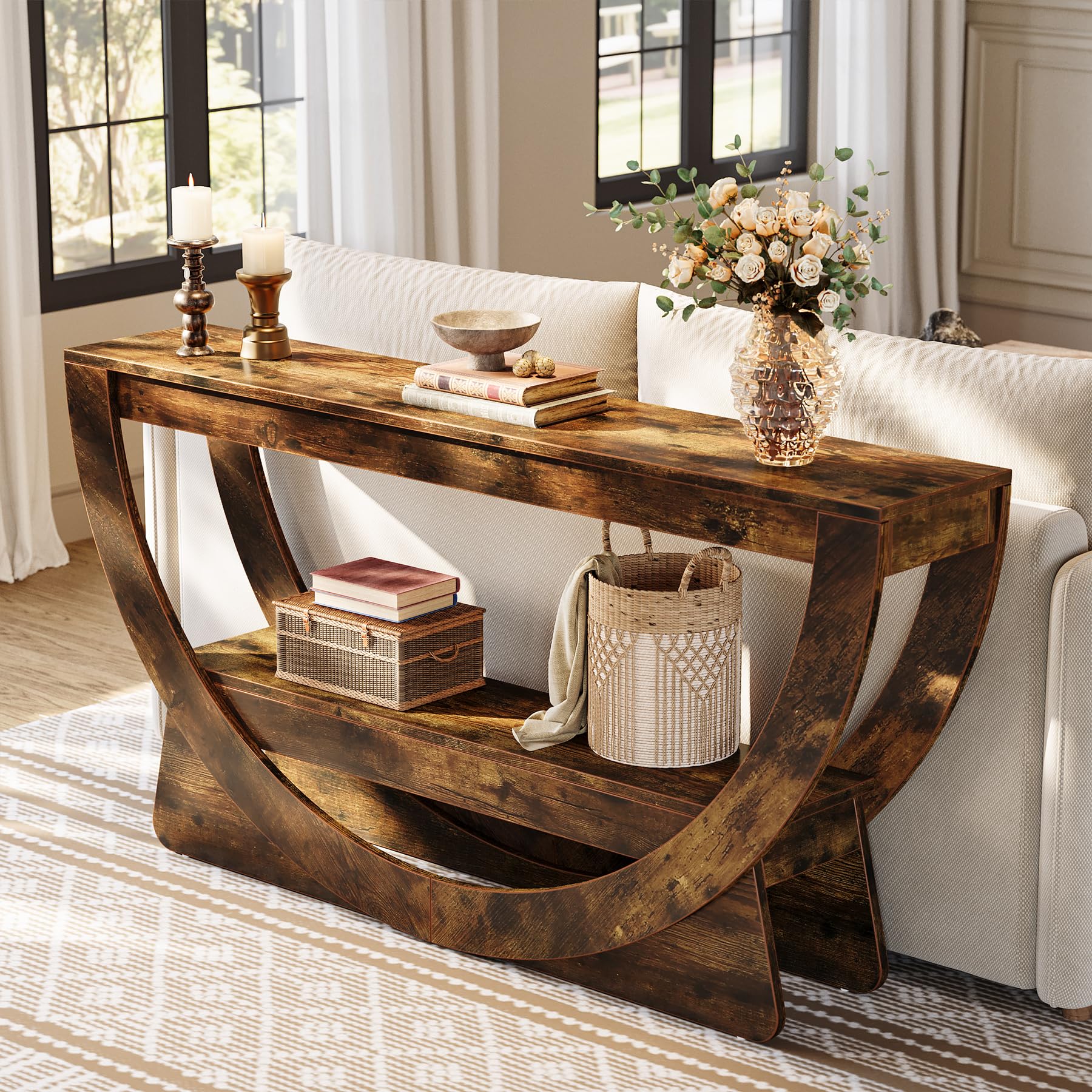 Tribesigns Table Console 160 cm, Industrielle Table d'entrée à Deux Fermier avec étagères de Rangement, Table d'appoint en Bois pour Couloir, Salon, entrée, Hall (Brun foncé)