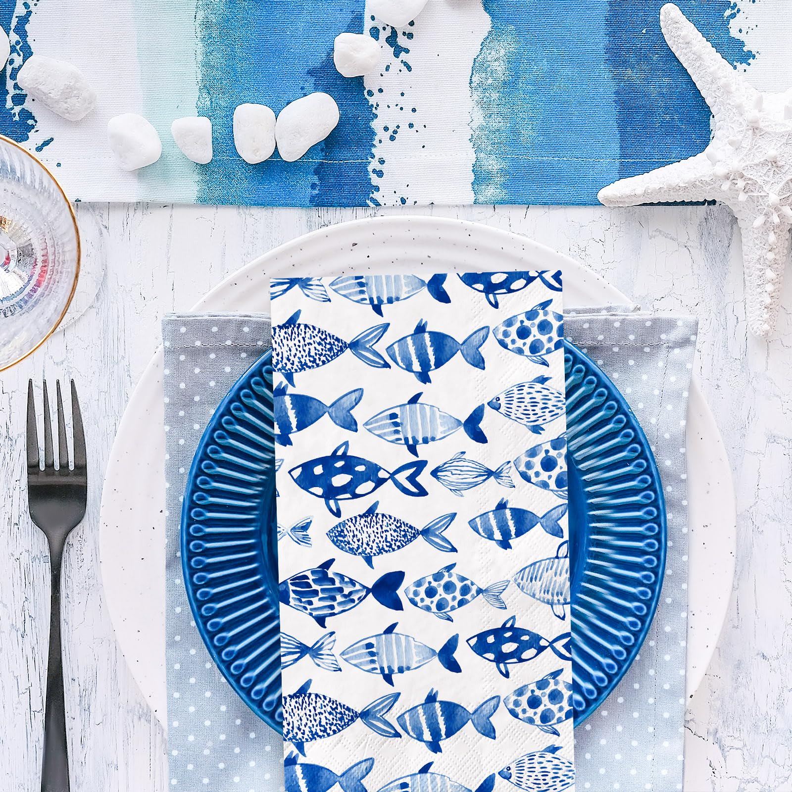 AnyDesign Lot de 200 serviettes jetables en papier pour invités Motif poissons de l'océan Bleu aquarelle