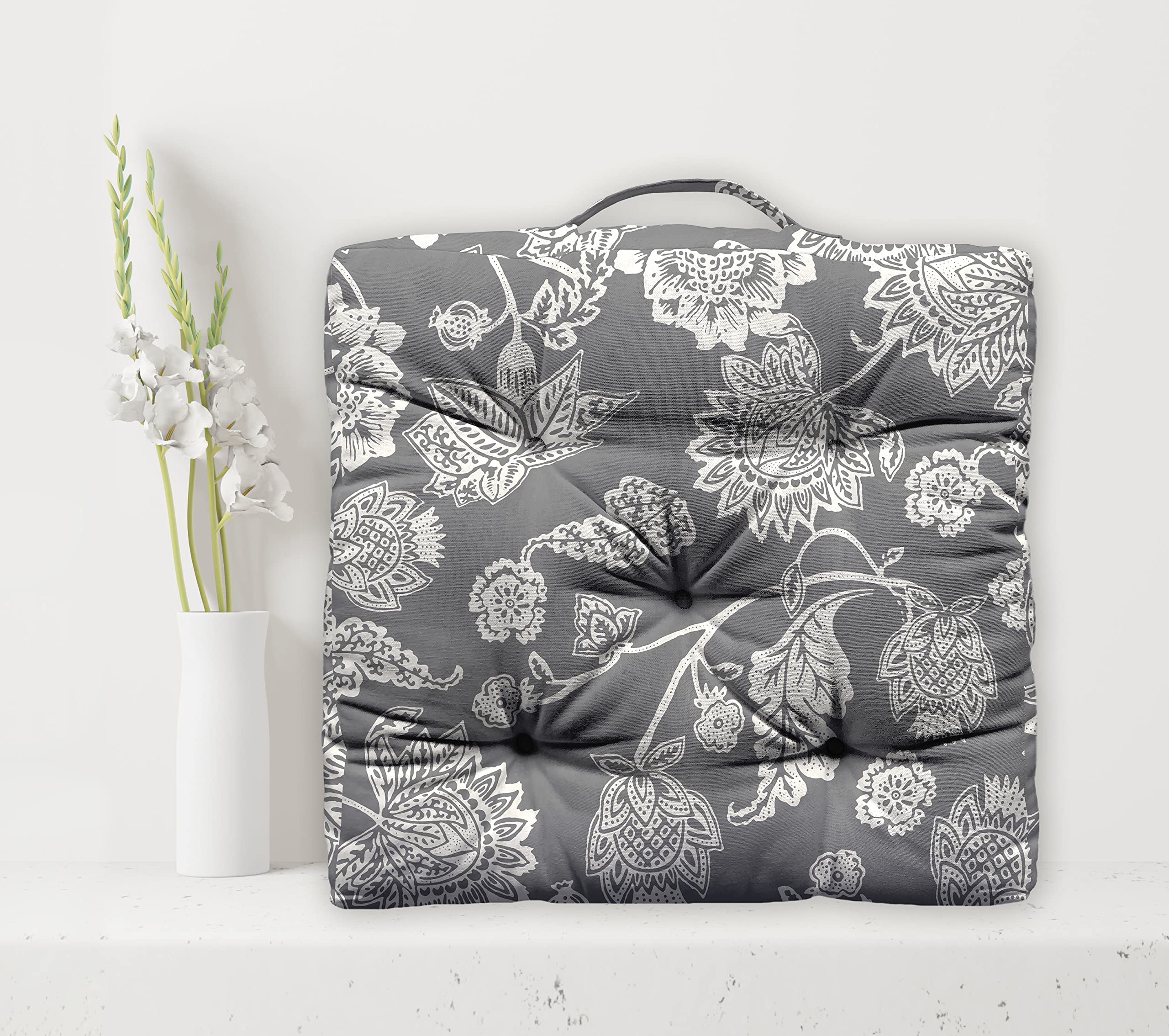 Oasis Home Collection Cotton Shell with Natural Cotton Printed Floor Cushion - (Grey Flower , 40 X 40 cm)
