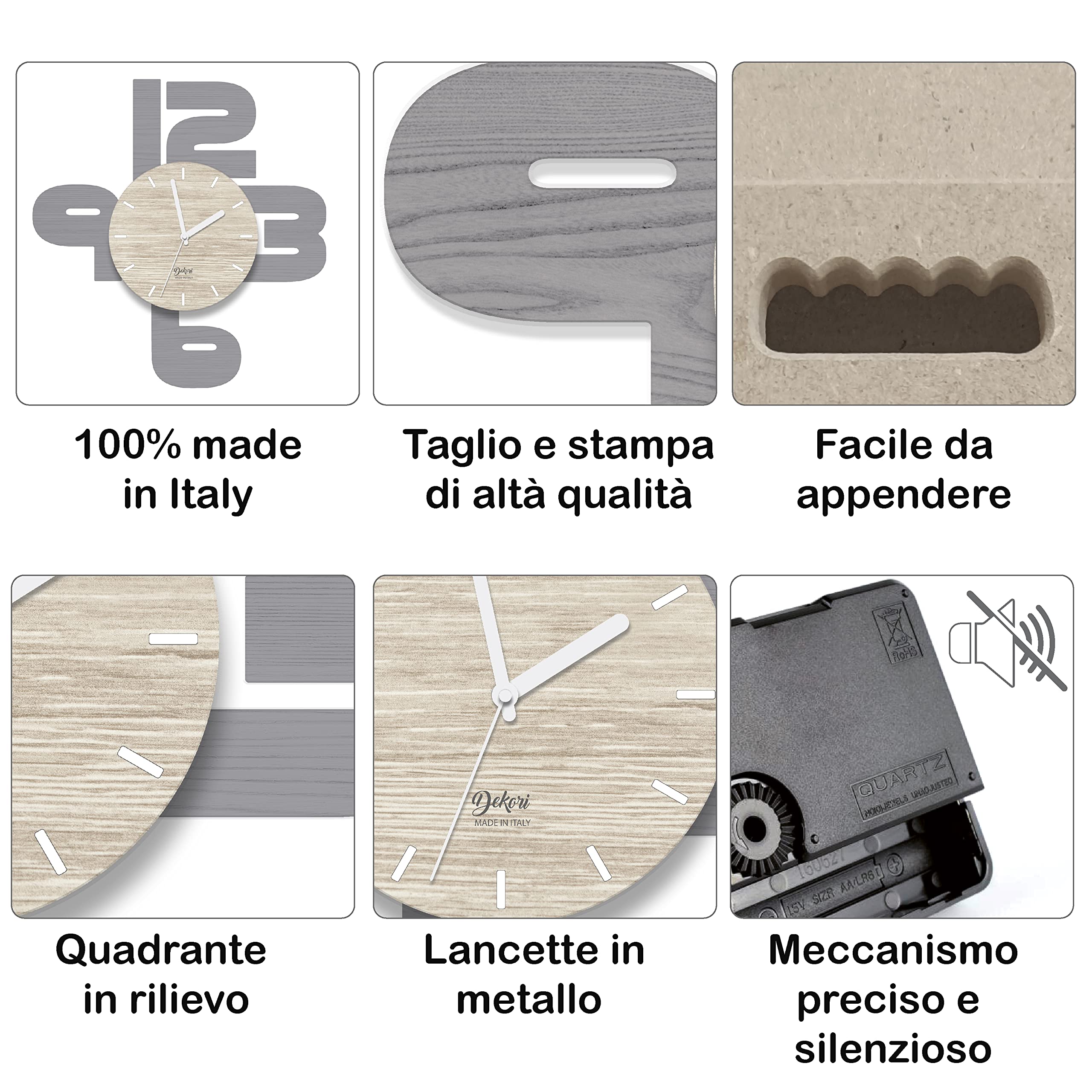 DEKORI Orologio da parete con numeri silenzioso. Quadrante in rilievo, effetto 3D. Arreda con stile ogni ambiente della casa: cucina, soggiorno, camera da letto. Prodotto in Italia