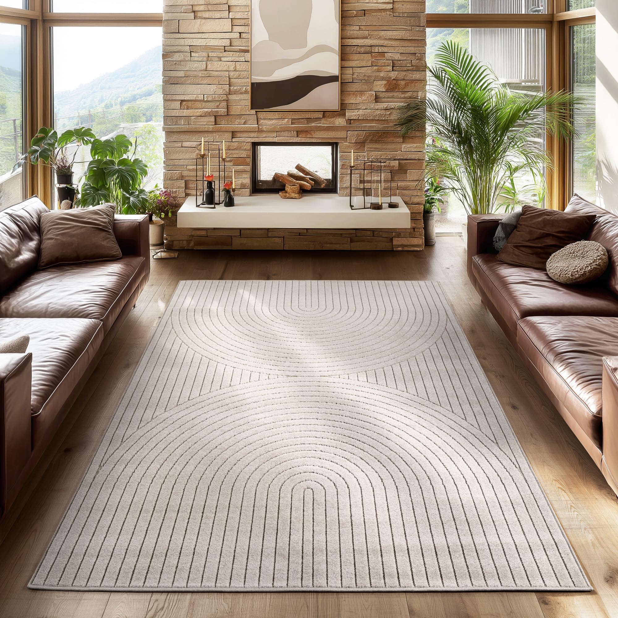 SIMPEX Tappeto 240x340 cm XL Crema, Pelo Corto con Effetto 3D Alto-Basso, Motivo Boho Scandinavo, per Interni o Esterni