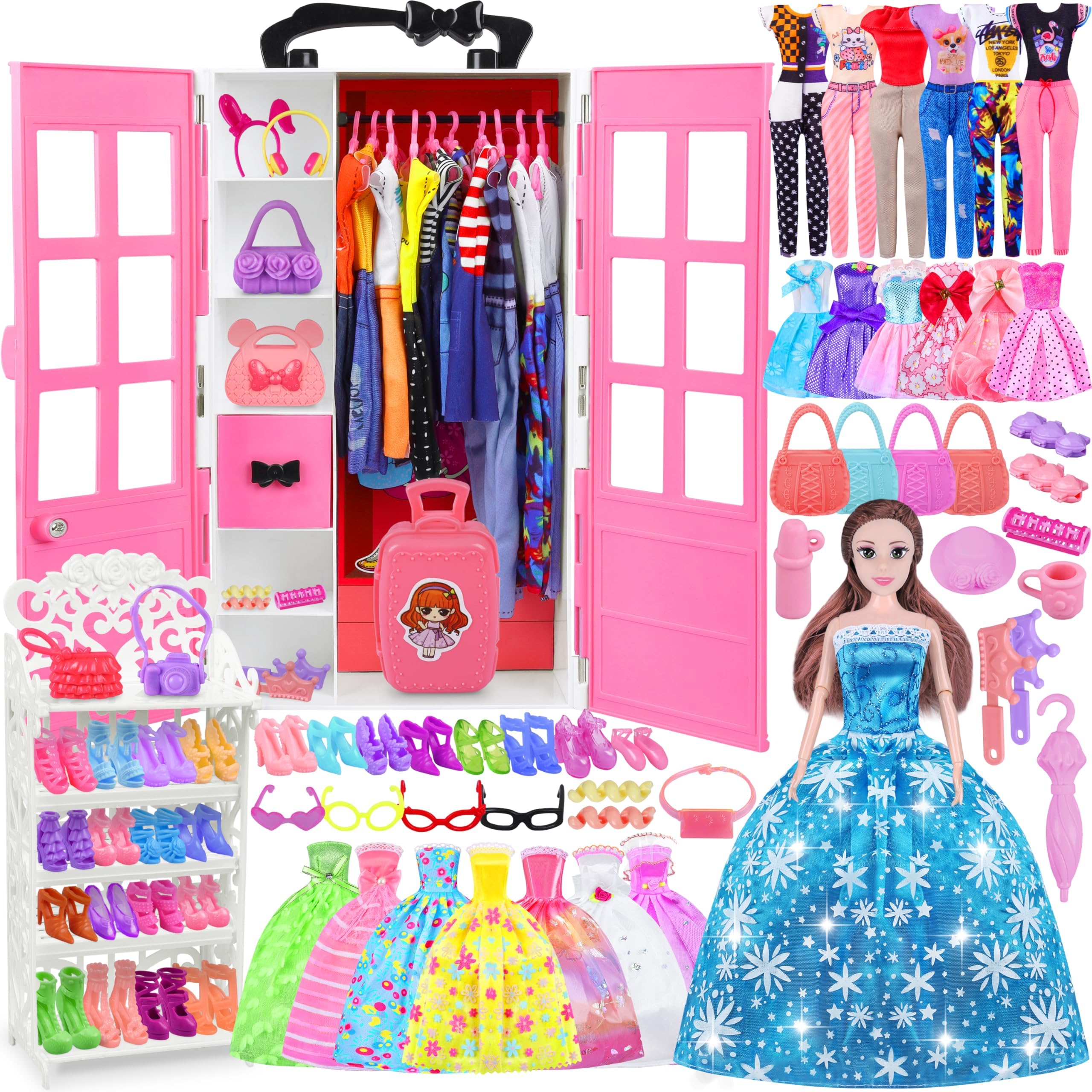 122 Pcs Doll Clothes and Accessories with Closet(Include Doll), Princess Gowns Fashion Dresses Top Pants Jumpsuit Swimsuits Shoes Hangers, Doll Dress up Toys for Girls Kids Toddlers Toy Gifts