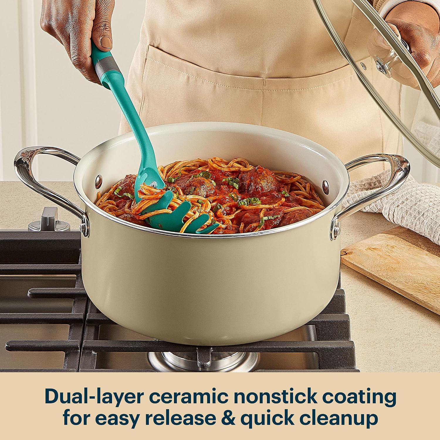 Pyrex 10-Inch Stock Pot Ceramic Cookware with Lid & Stainless Steel Handles, Healthy Nonstick Ceramic Coating, Induction Compatible Stainless Steel, PFAS Lead Cadmium BPA Free